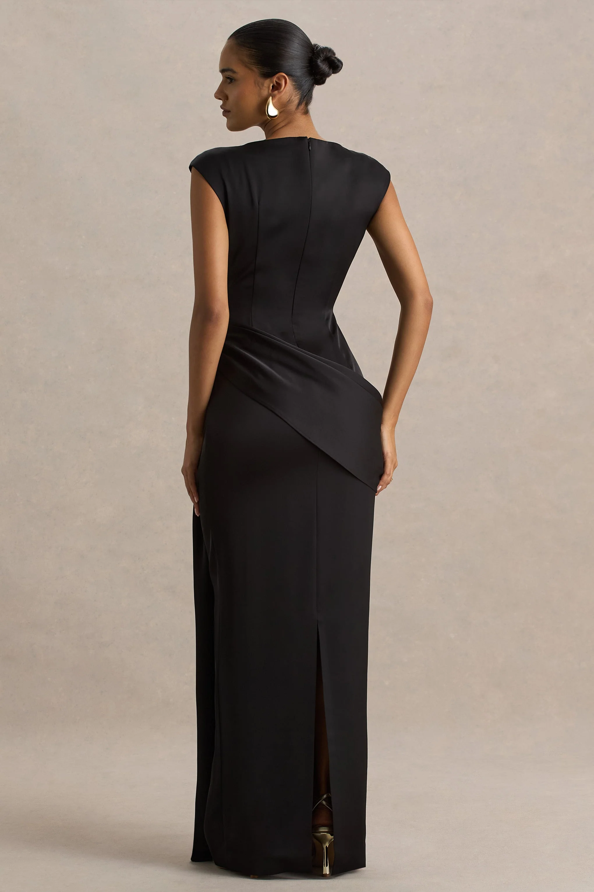 Influence | Black Satin Slashed-Neck Maxi Dress With Embellished Detail And Sash
