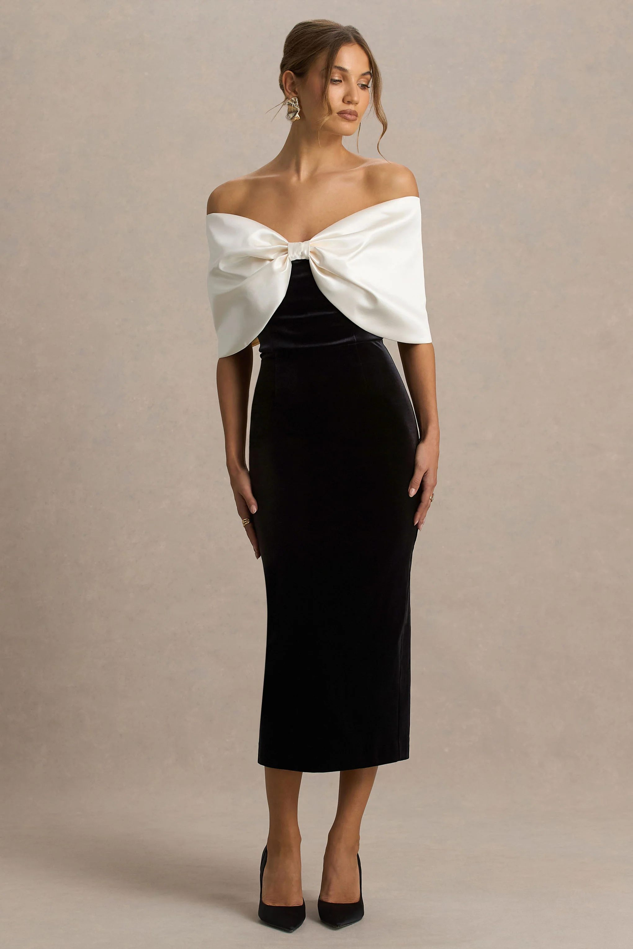 Twilight | Black And White Velvet Bardot-Neck Midi Dress With Oversized Satin Bow