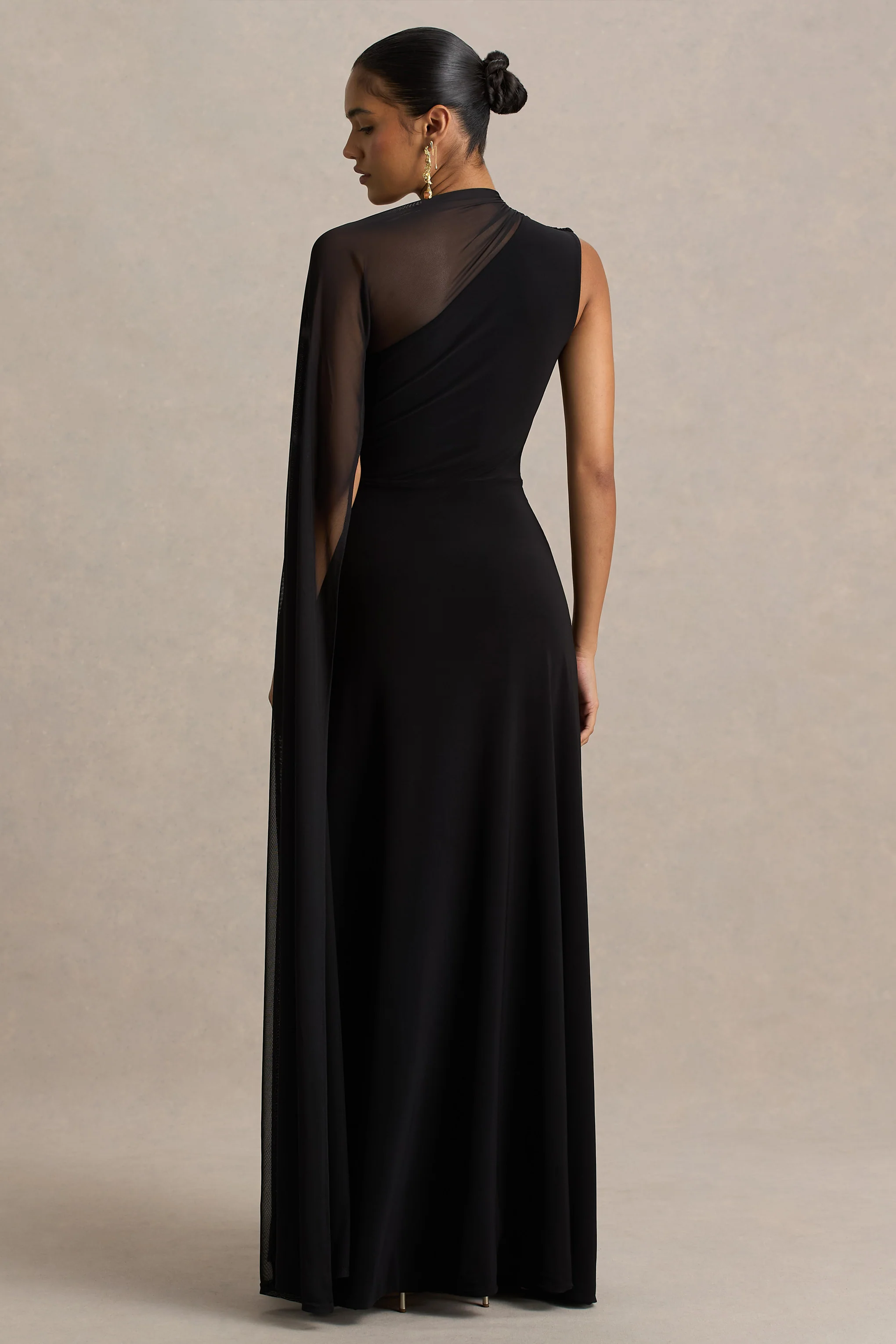 Selena | Black High-Neck Maxi Dress With Cut-Out And Cape Sleeve Detail