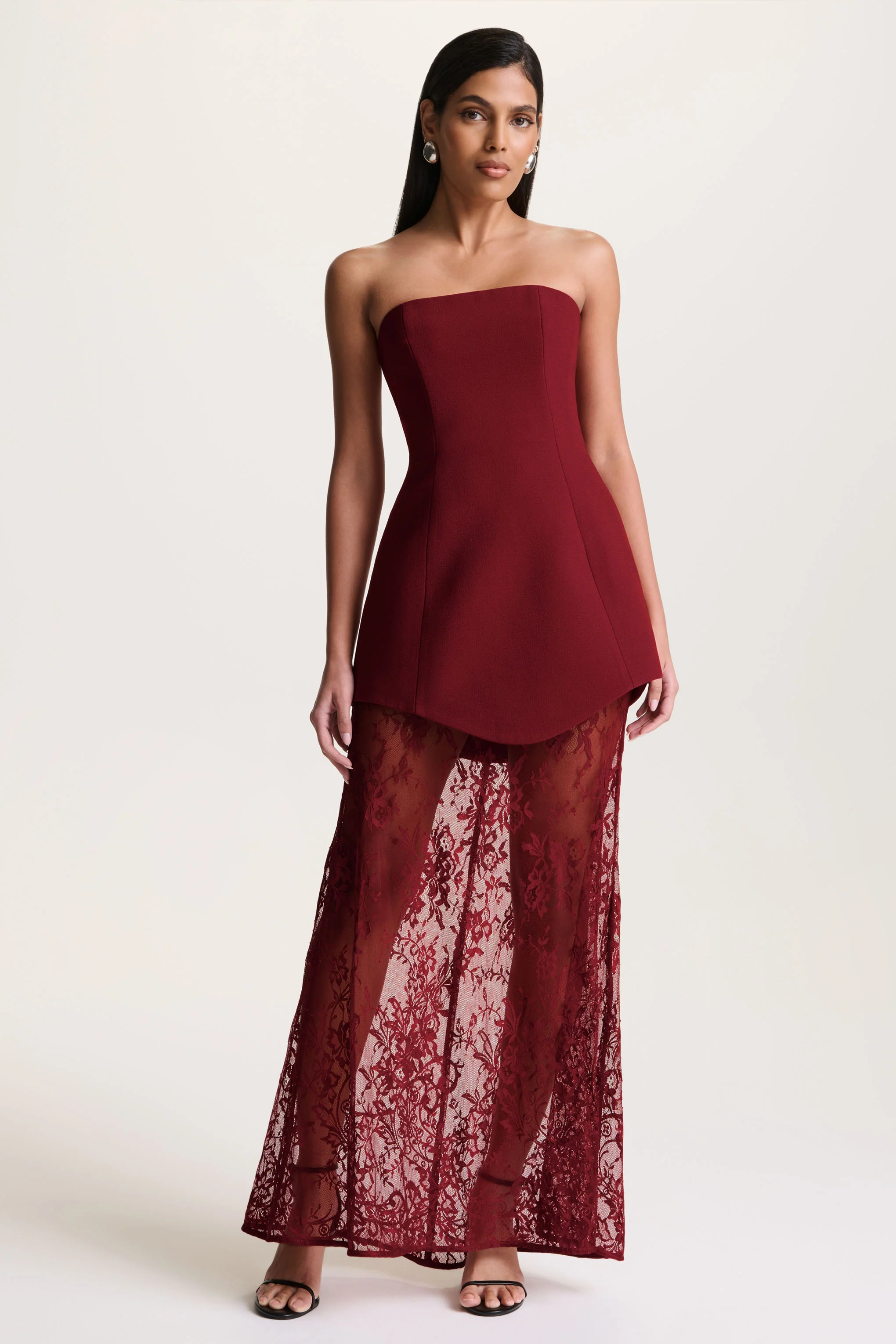 Brandi | Burgundy Bandeau Maxi Dress With Lace Skirt