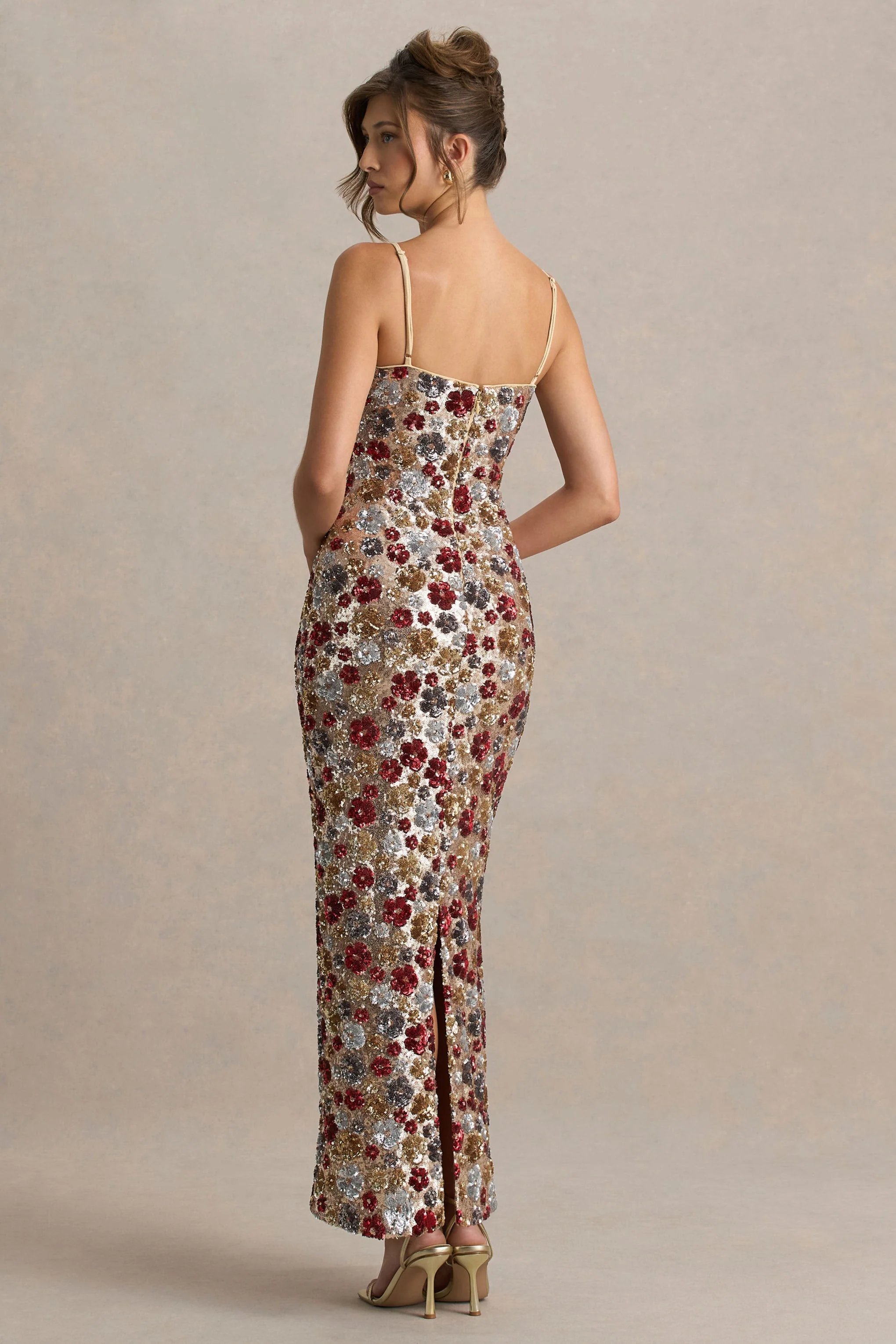 Vitora | Red Floral Embellished Sequin Square-Neck Maxi Dress