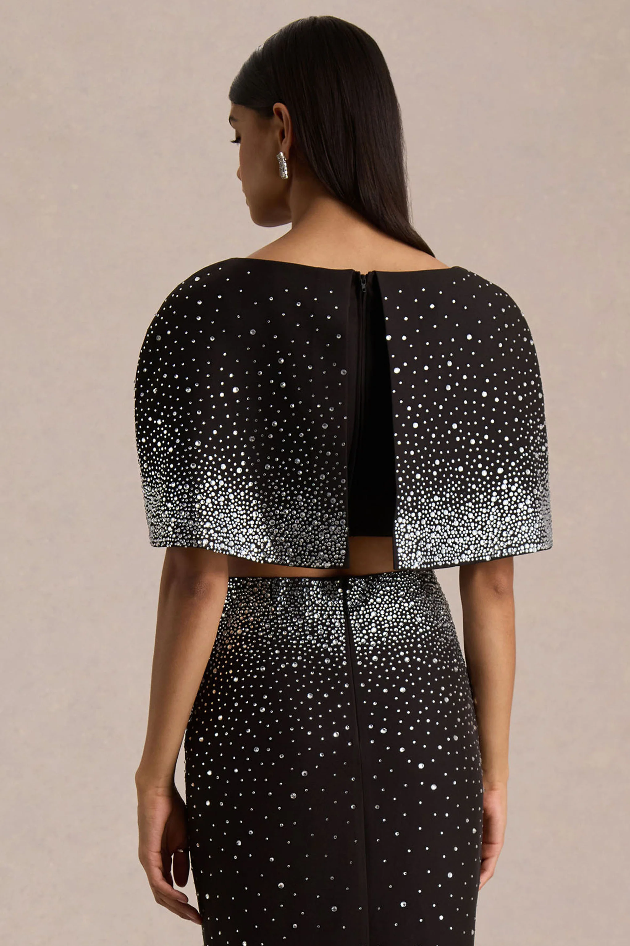 Luxy | Black Embellished Boat-Neck Crop-Top With Cape-Sleeves