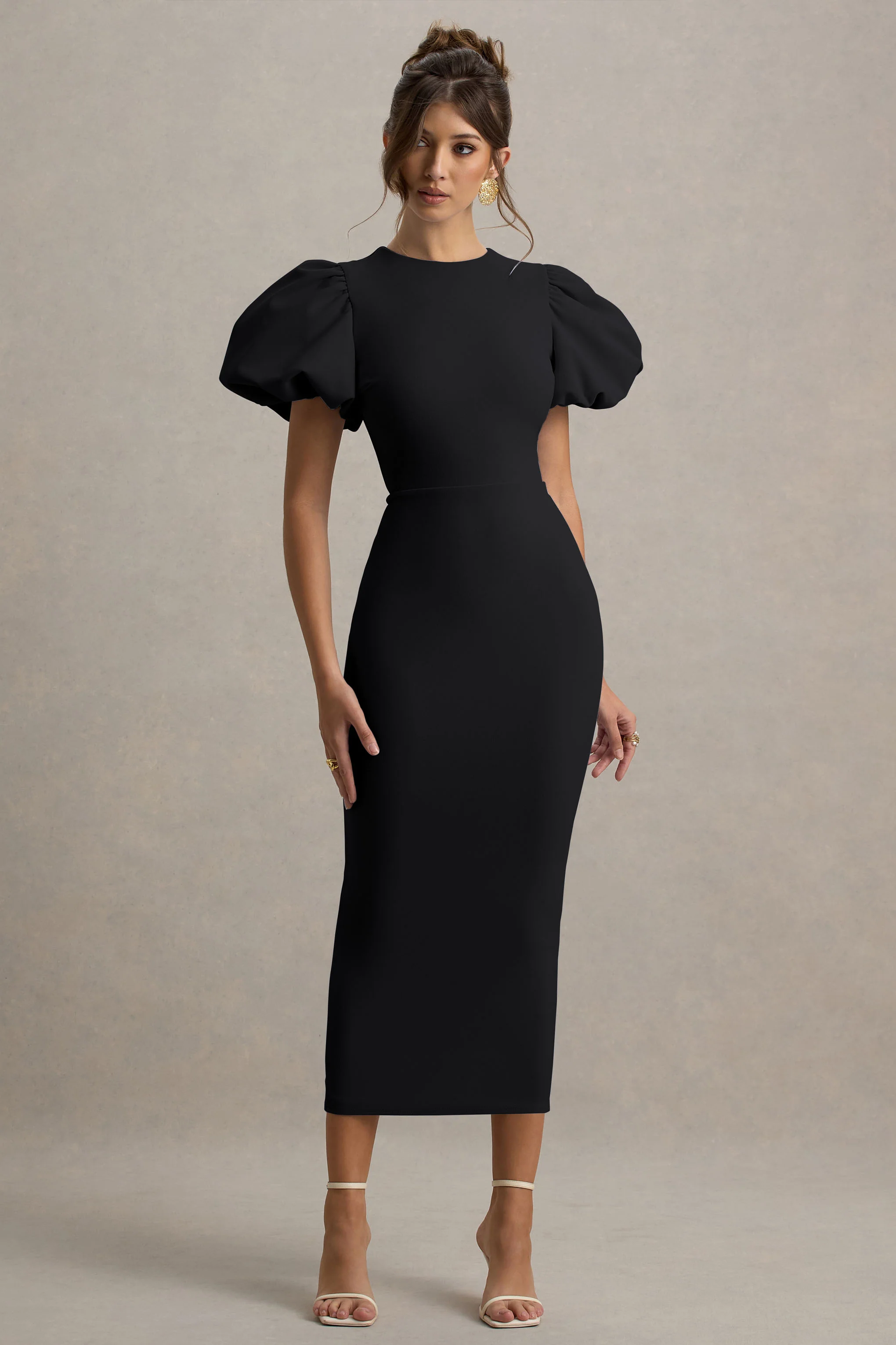Dakota | Black Puff-Sleeve Midi Dress