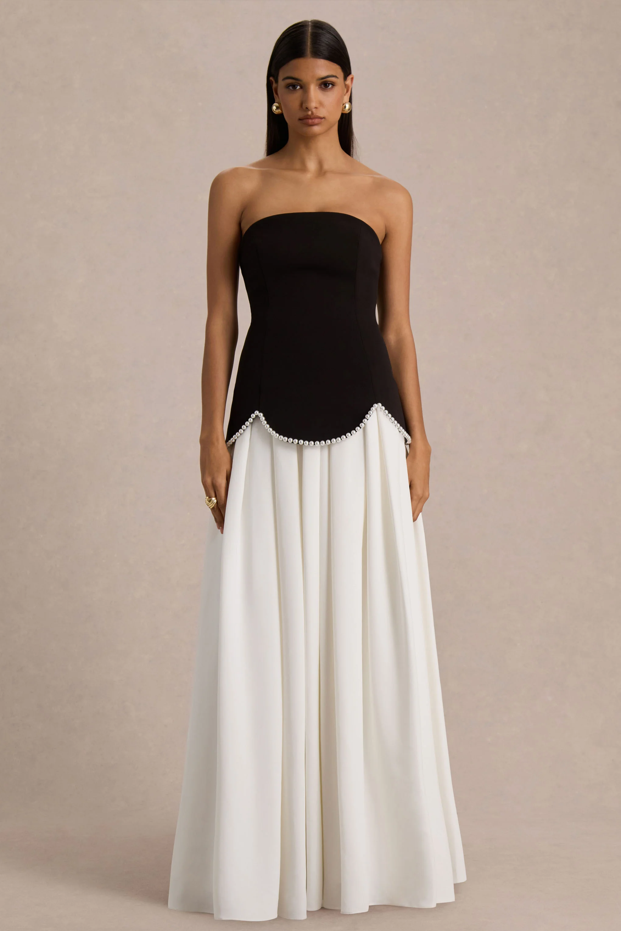 Wendy | Black And White Maxi Dress With Drop-Waist And Pearl Embellishment