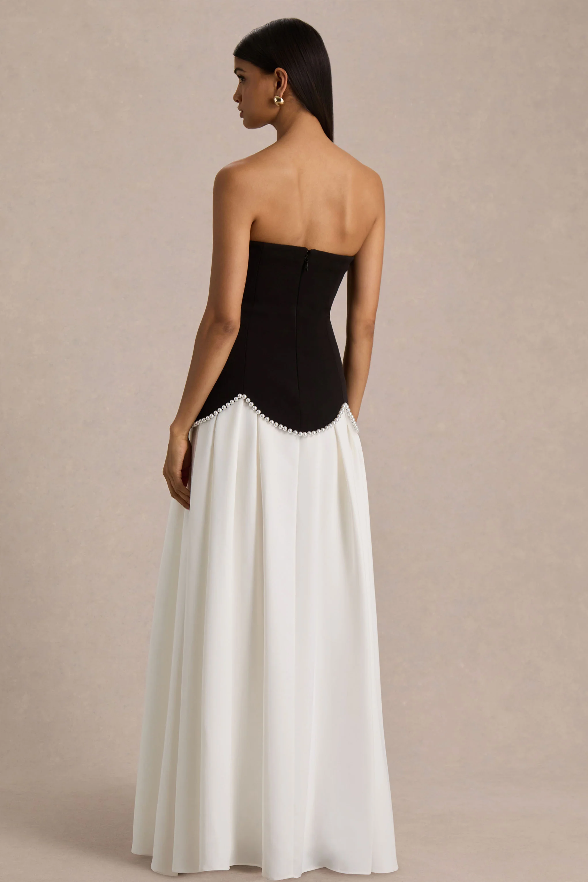 Wendy | Black And White Maxi Dress With Drop-Waist And Pearl Embellishment