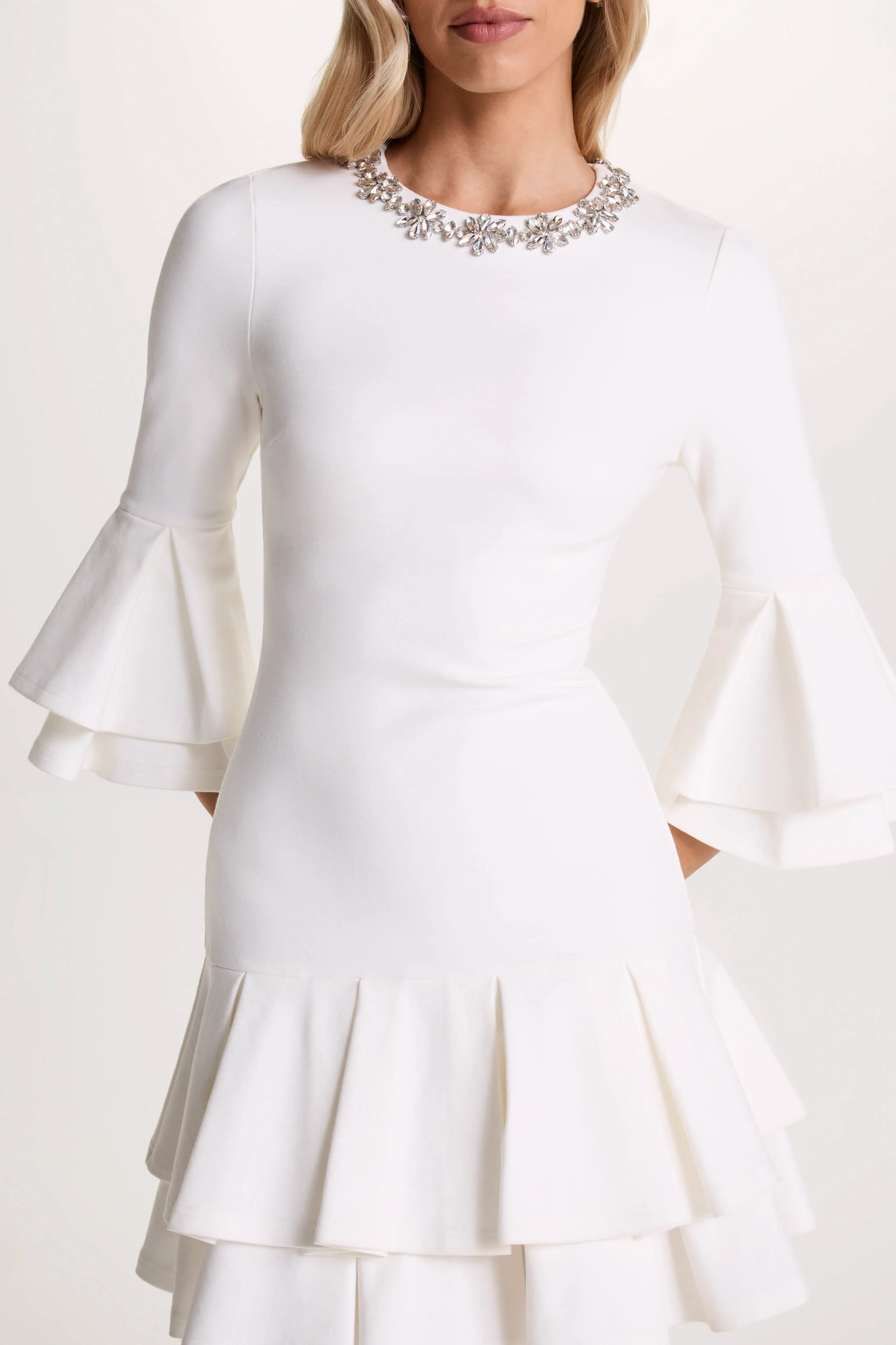 Mirna | Burgundy Crew-Neck Mini Dress With Bell Sleeves And Ruffled Detailing