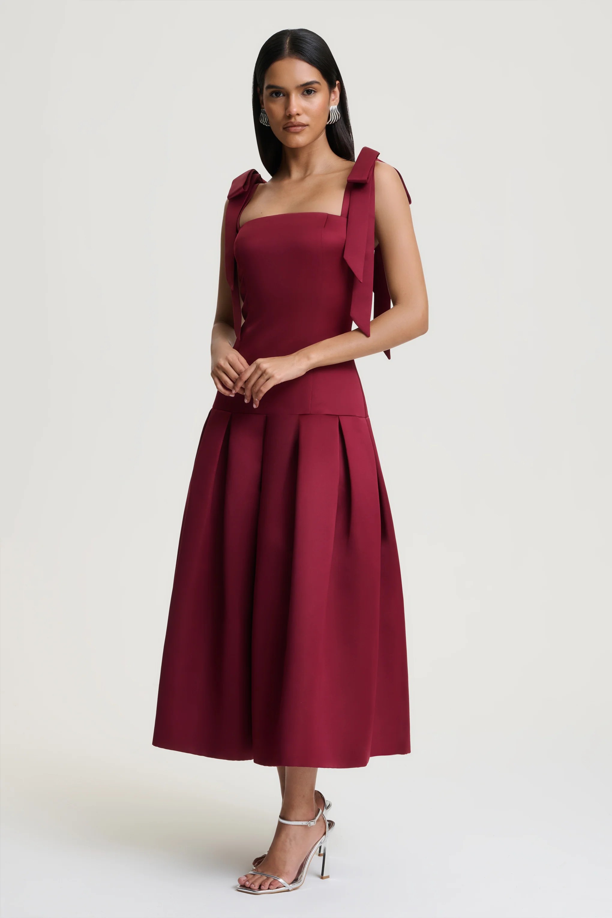Alberta | Burgundy Satin Square-Neck Midi Dress With Bow Straps