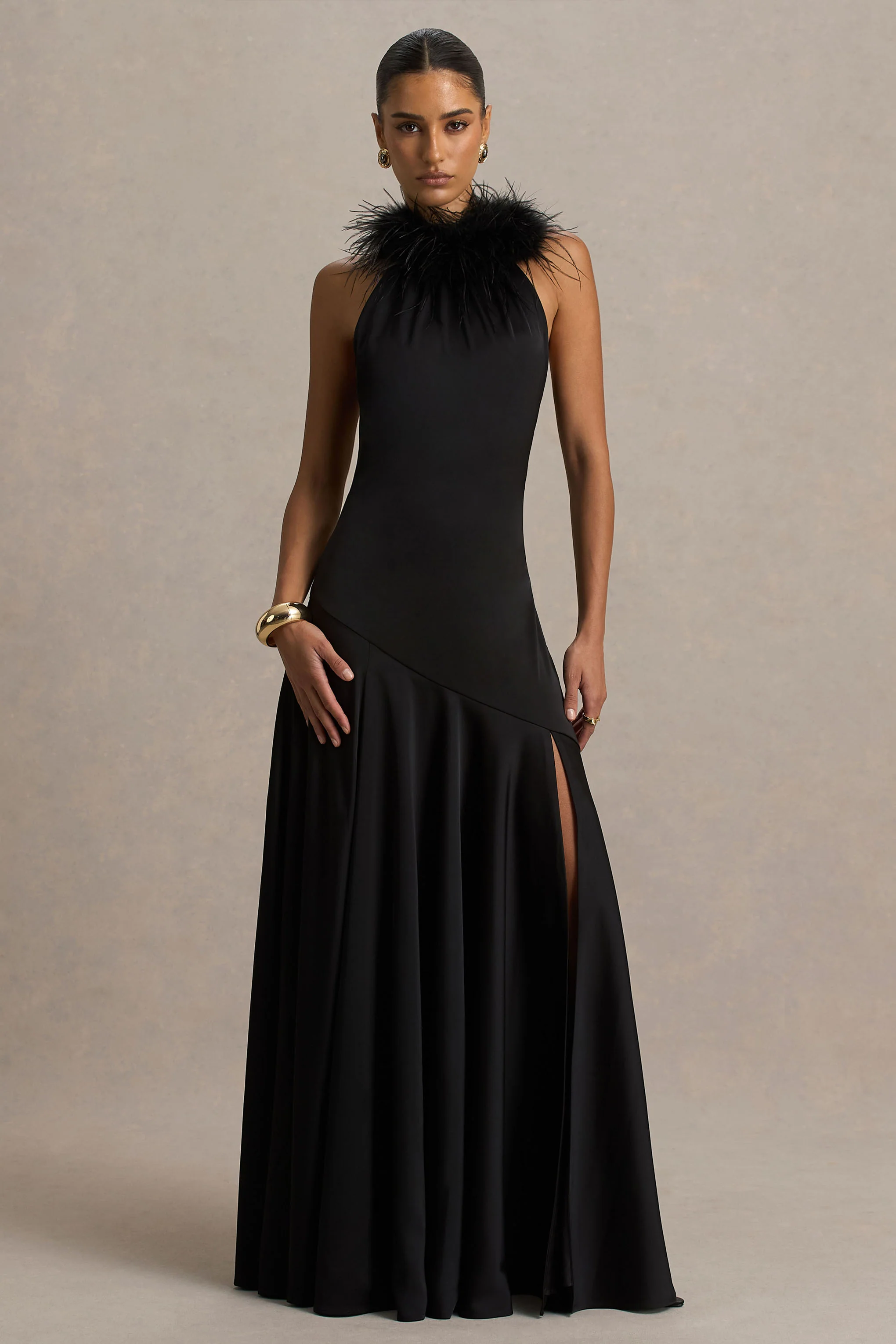 Jemima | Black Satin Halter-Neck Maxi Dress With Feather Trim