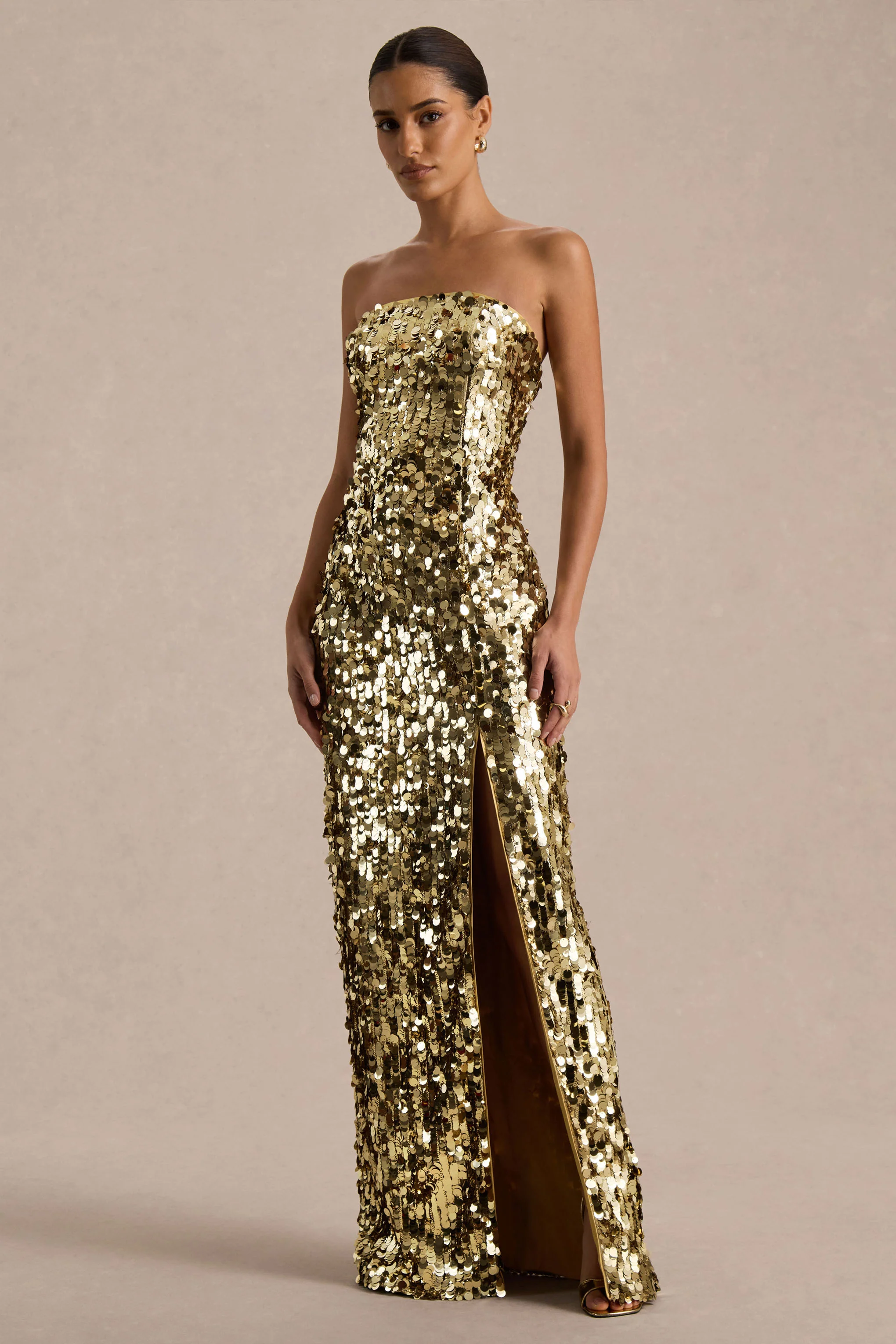 Nerea | Gold Sequin Bandeau Maxi Dress With Front High-Split