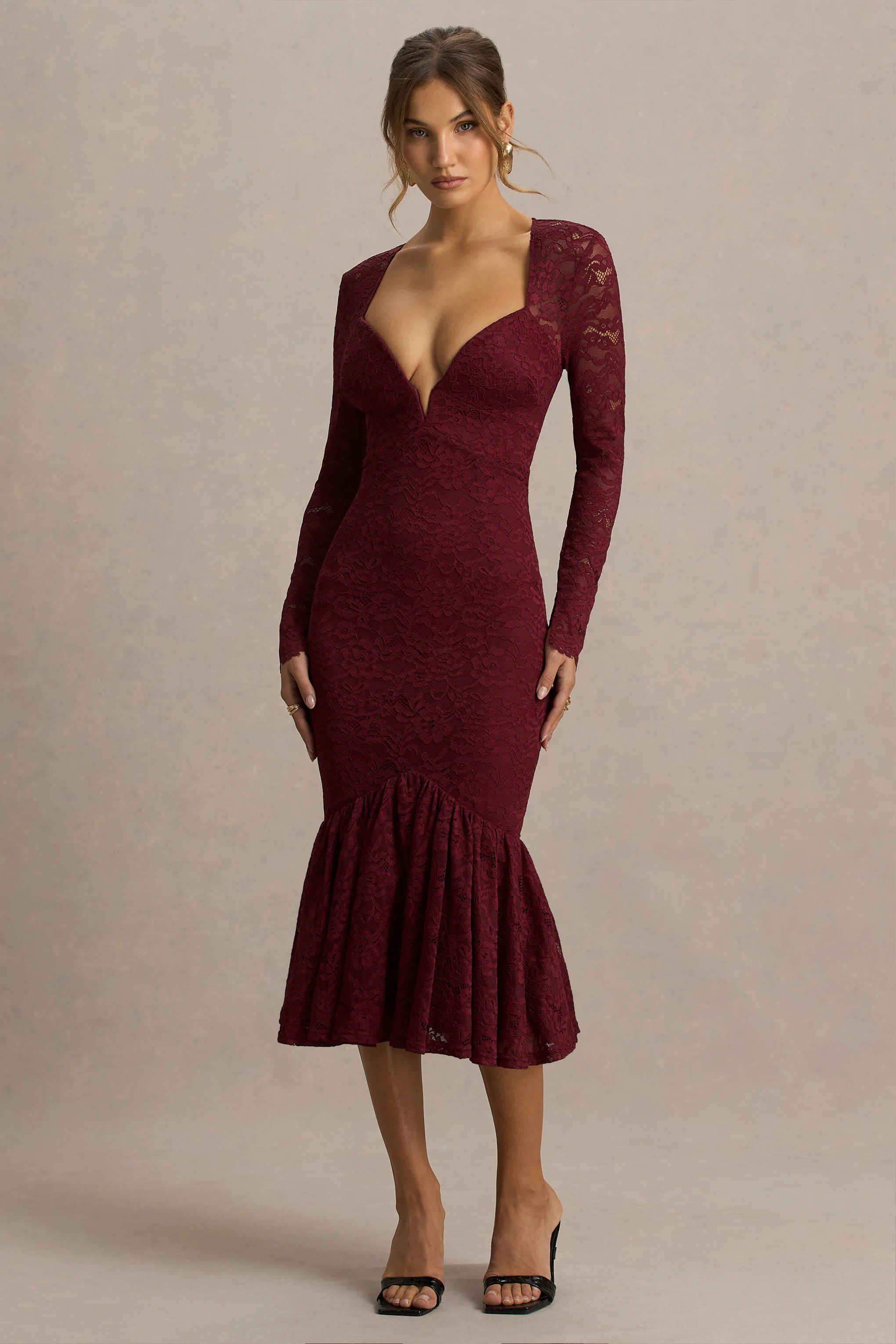 Camilly | Burgundy Lace Plunge-Neck Mermaid Midi Dress