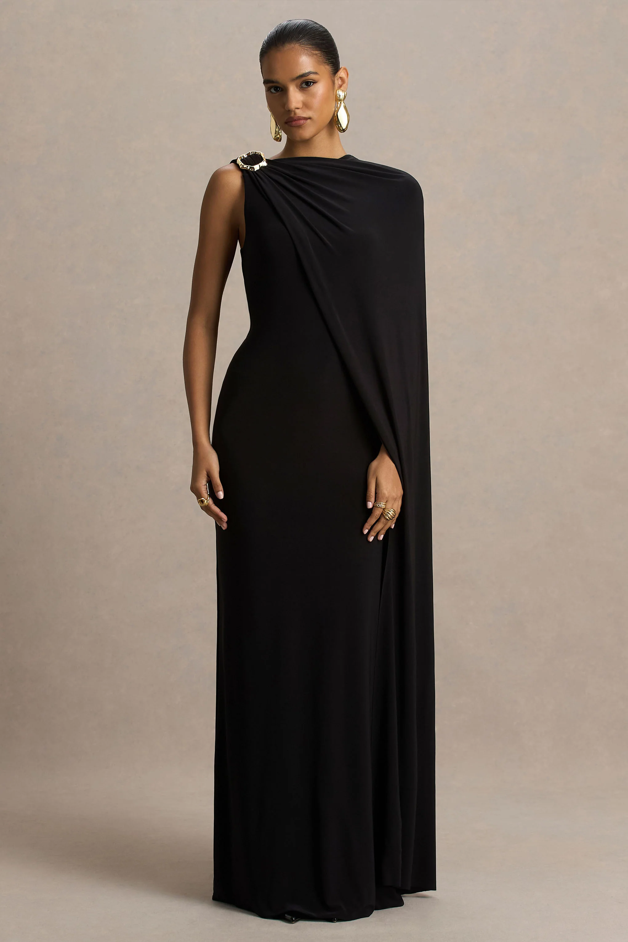 Cressida | Black Asymmetric-Neck Maxi Dress With Cape And Gold Detail