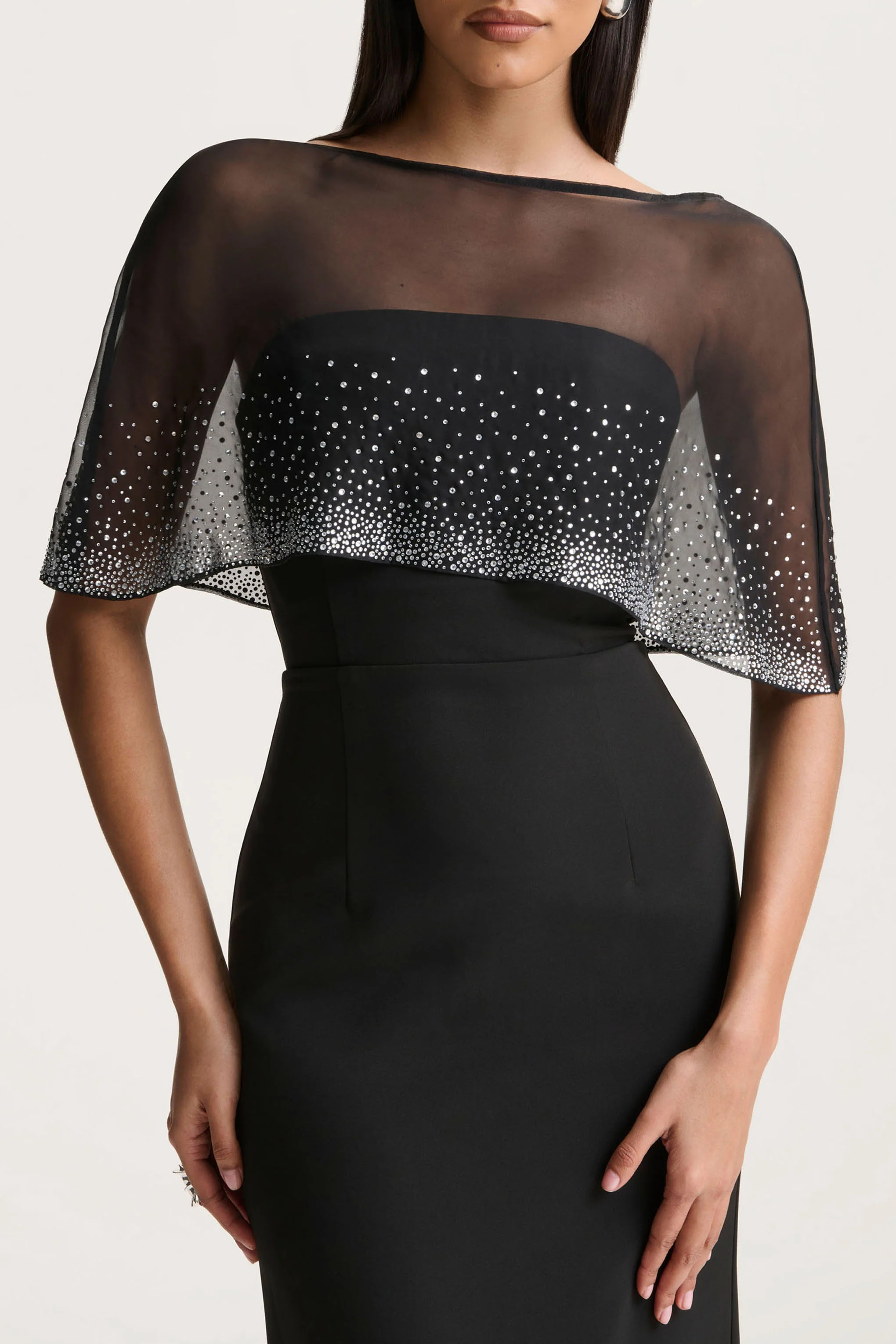 Everly | Black Hand-Embellished Cape-Sleeve Maxi Dress