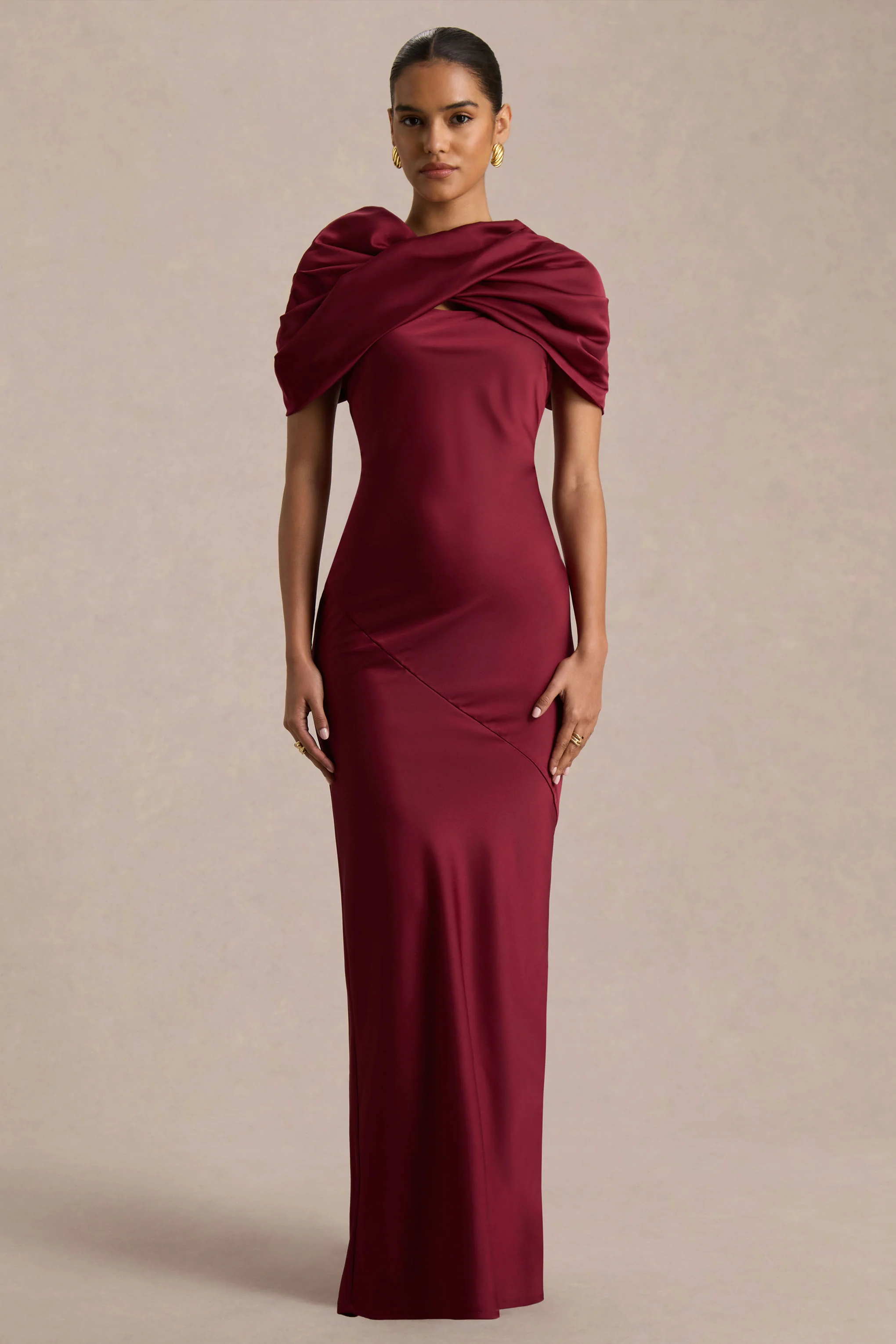 Yoli | Burgundy Satin Maxi Dress With Removable Twist-Cape