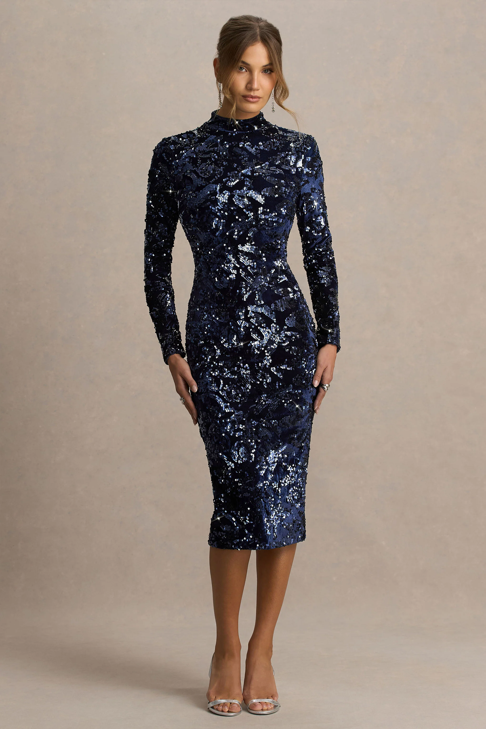 Alanita | Navy Velvet And Sequin Embellished High-Neck Midi Dress With Long Sleeves