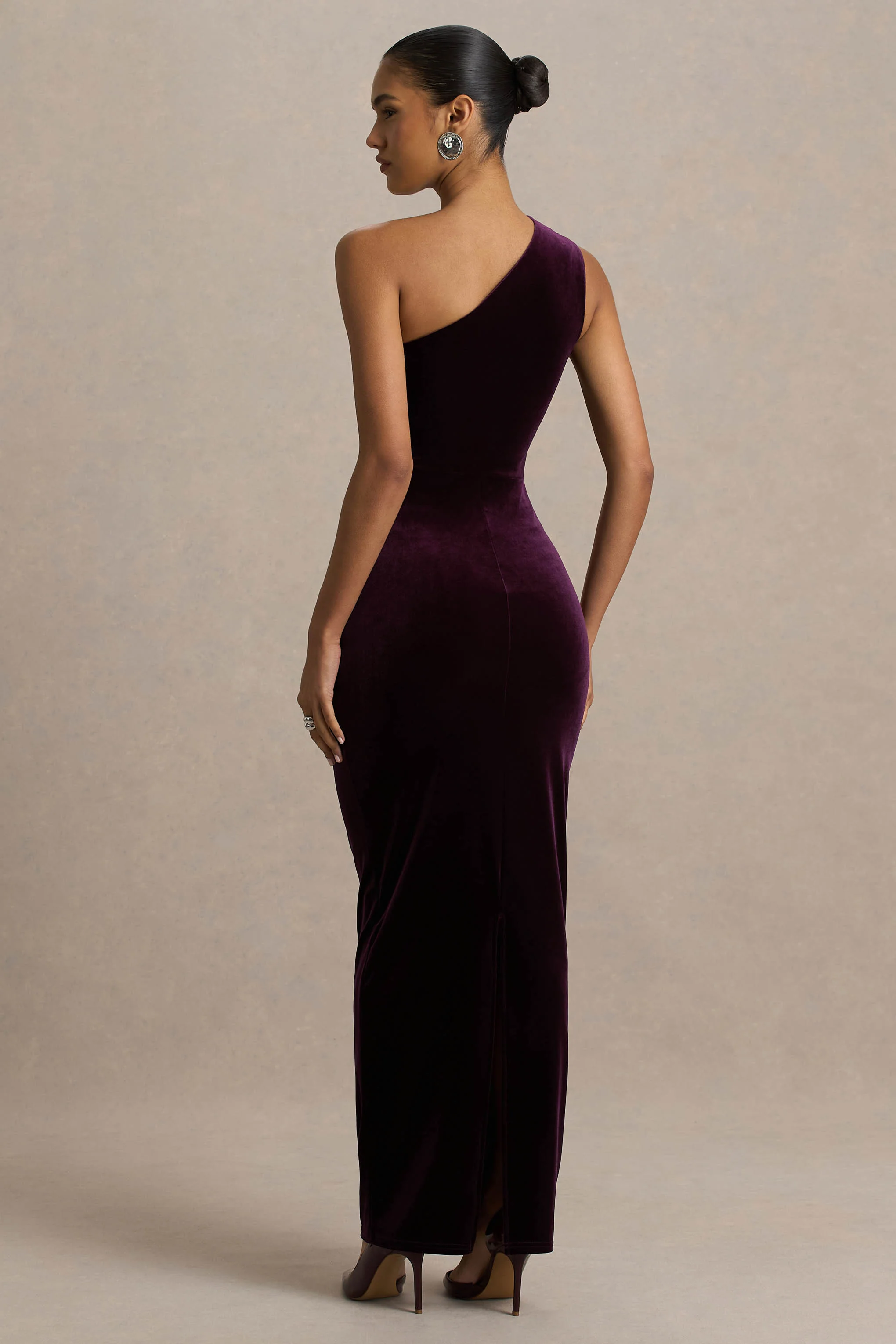 Treat | Burgundy Velvet Asymmetric-Neck Maxi Dress With Ruched Detailing.