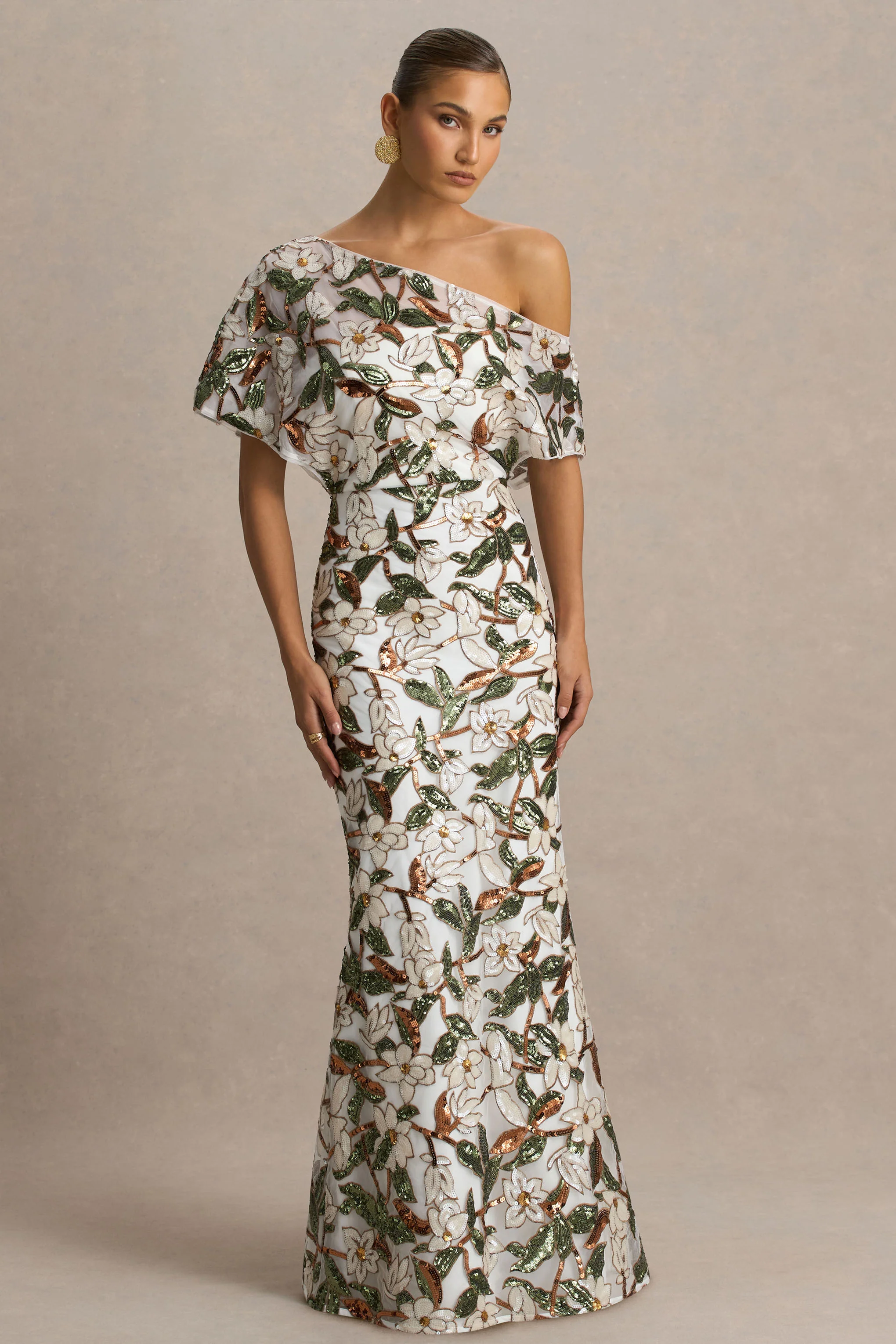 Iony | White And Green Embellished Sequin Floral And Mesh Asymmetric-Neck Maxi Dress