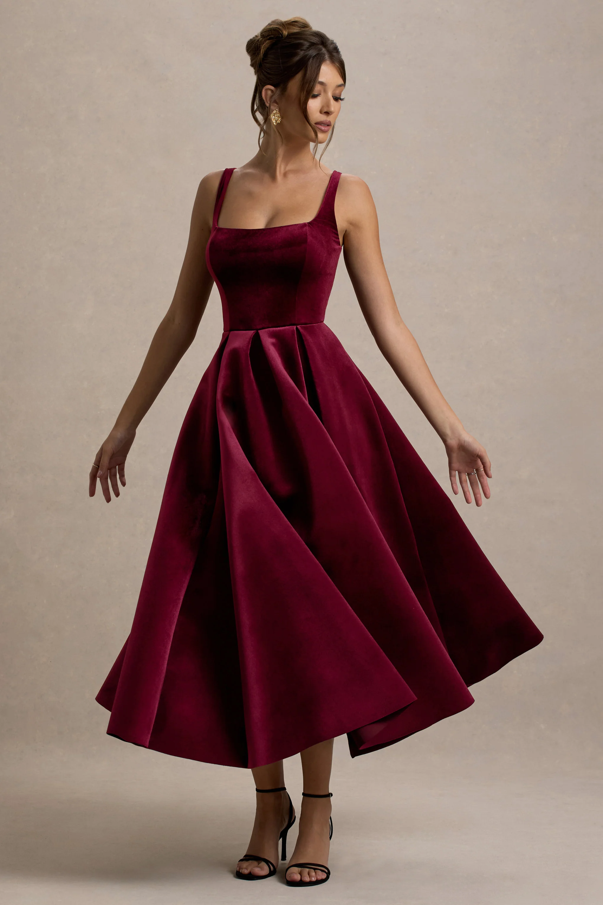 Francisca | Berry Velvet Strappy Volume-Hem Midi Dress