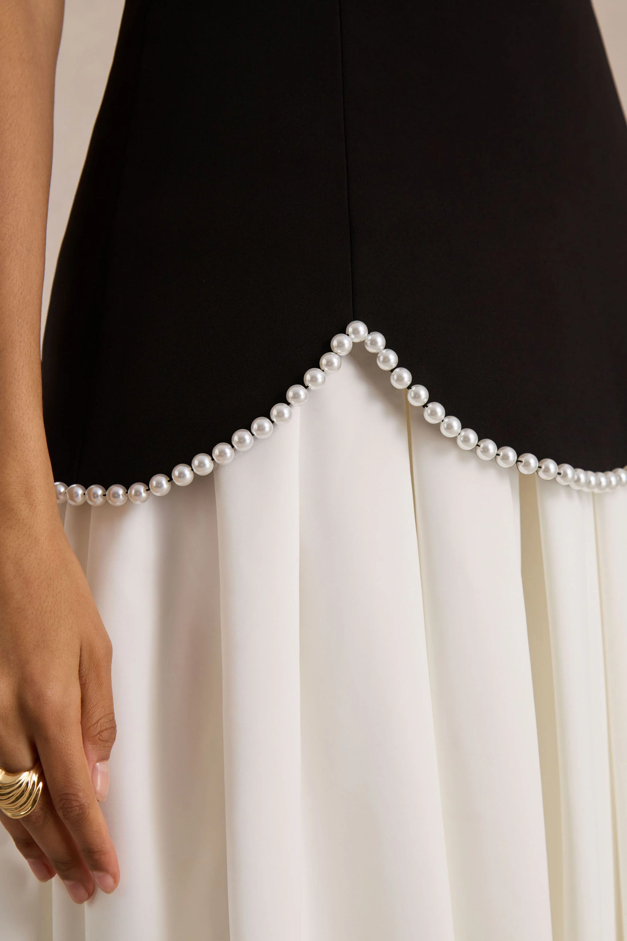 Wendy | Black And White Maxi Dress With Drop-Waist And Pearl Embellishment