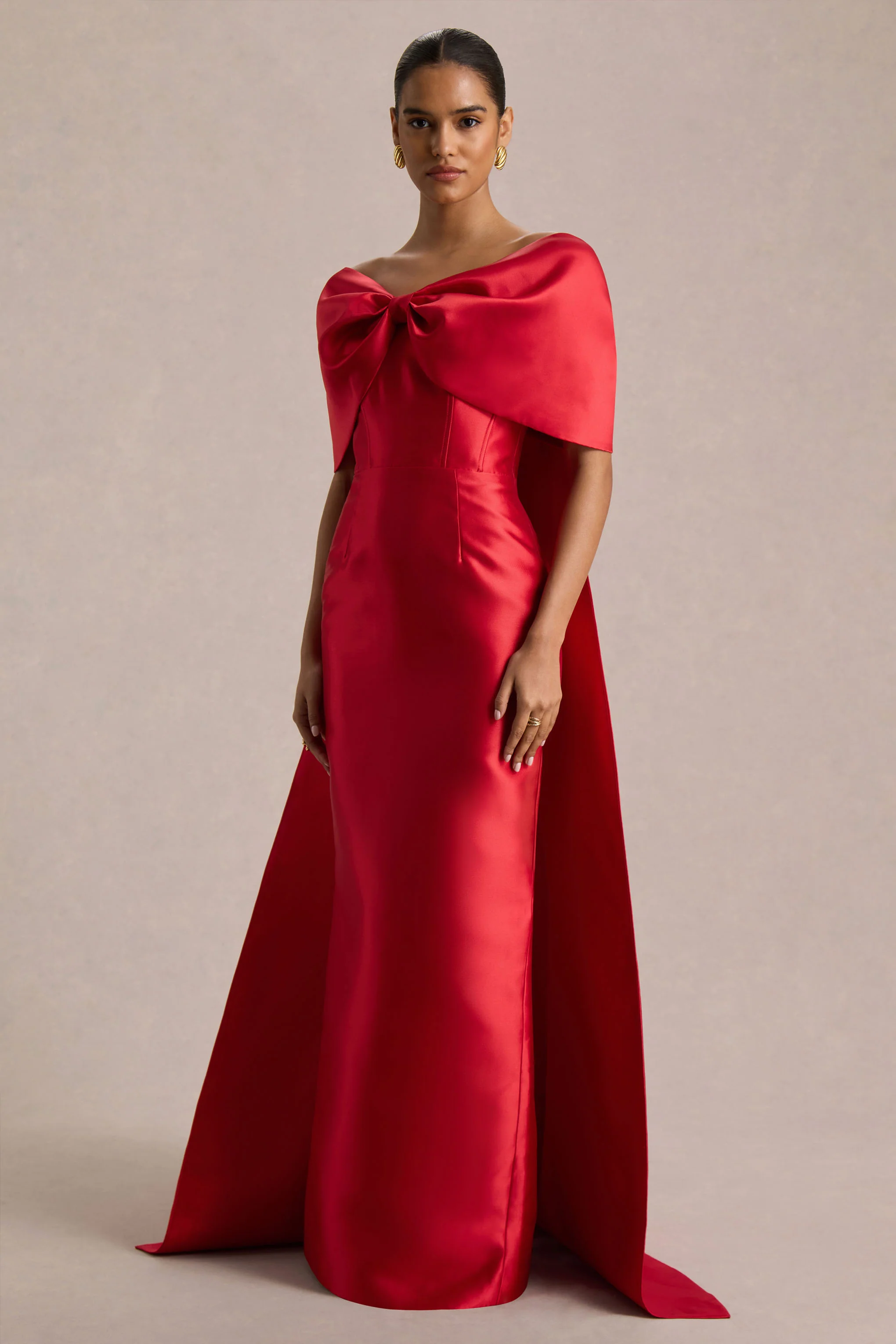 Wanting More | Red Satin Cape Maxi Dress With Oversized Bow