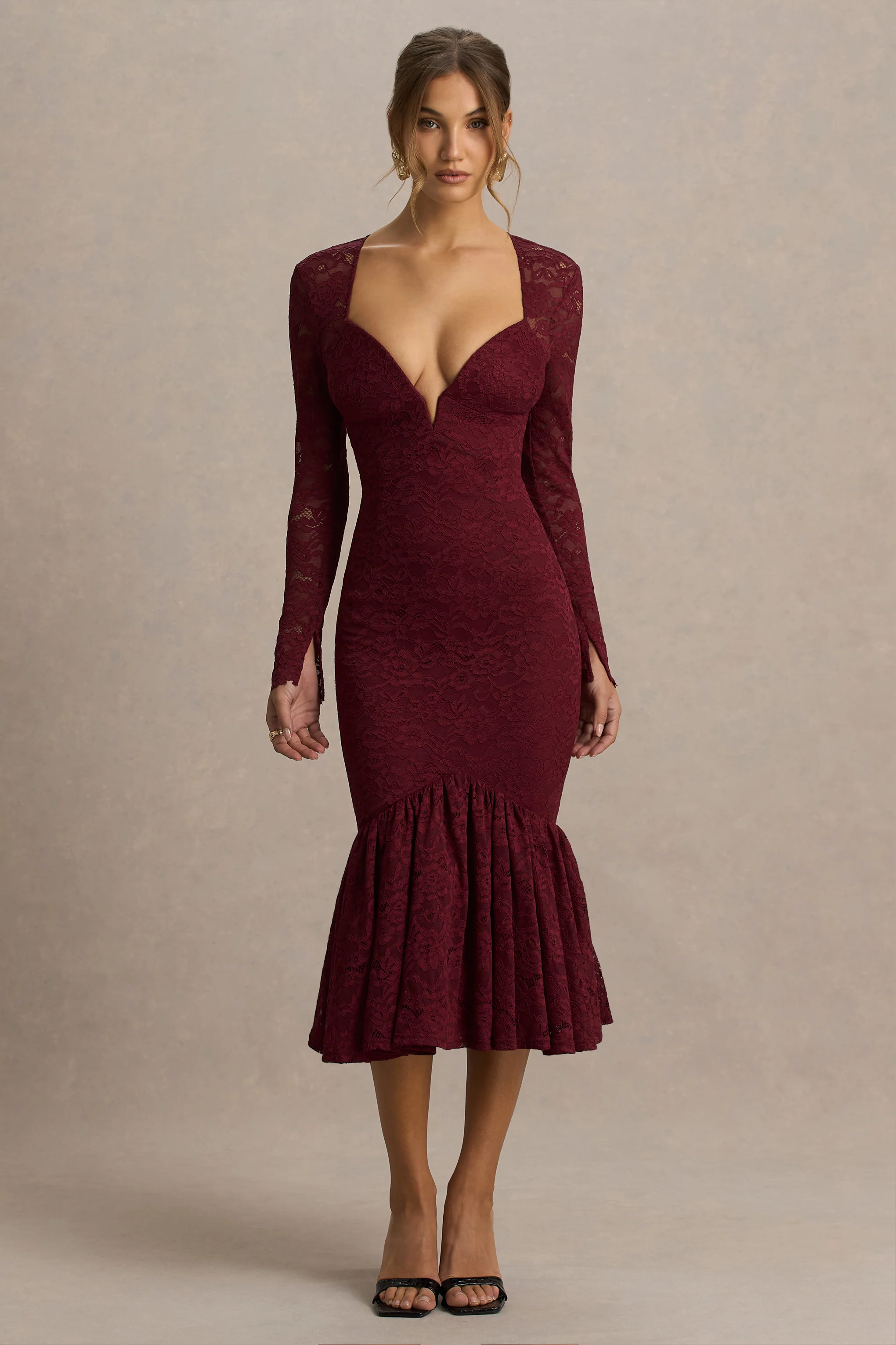 Camilly | Burgundy Lace Plunge-Neck Mermaid Midi Dress