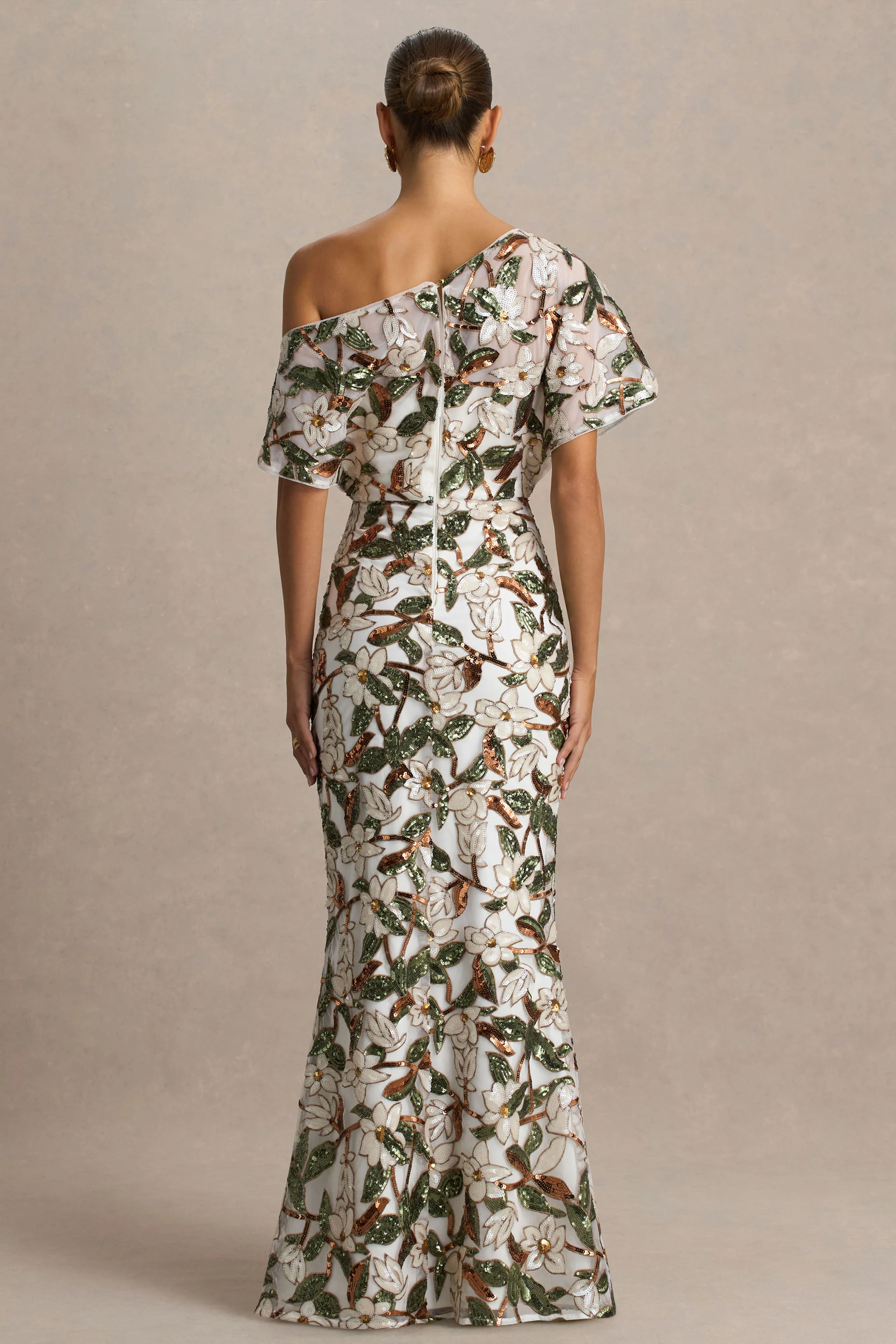 Iony | White And Green Embellished Sequin Floral And Mesh Asymmetric-Neck Maxi Dress