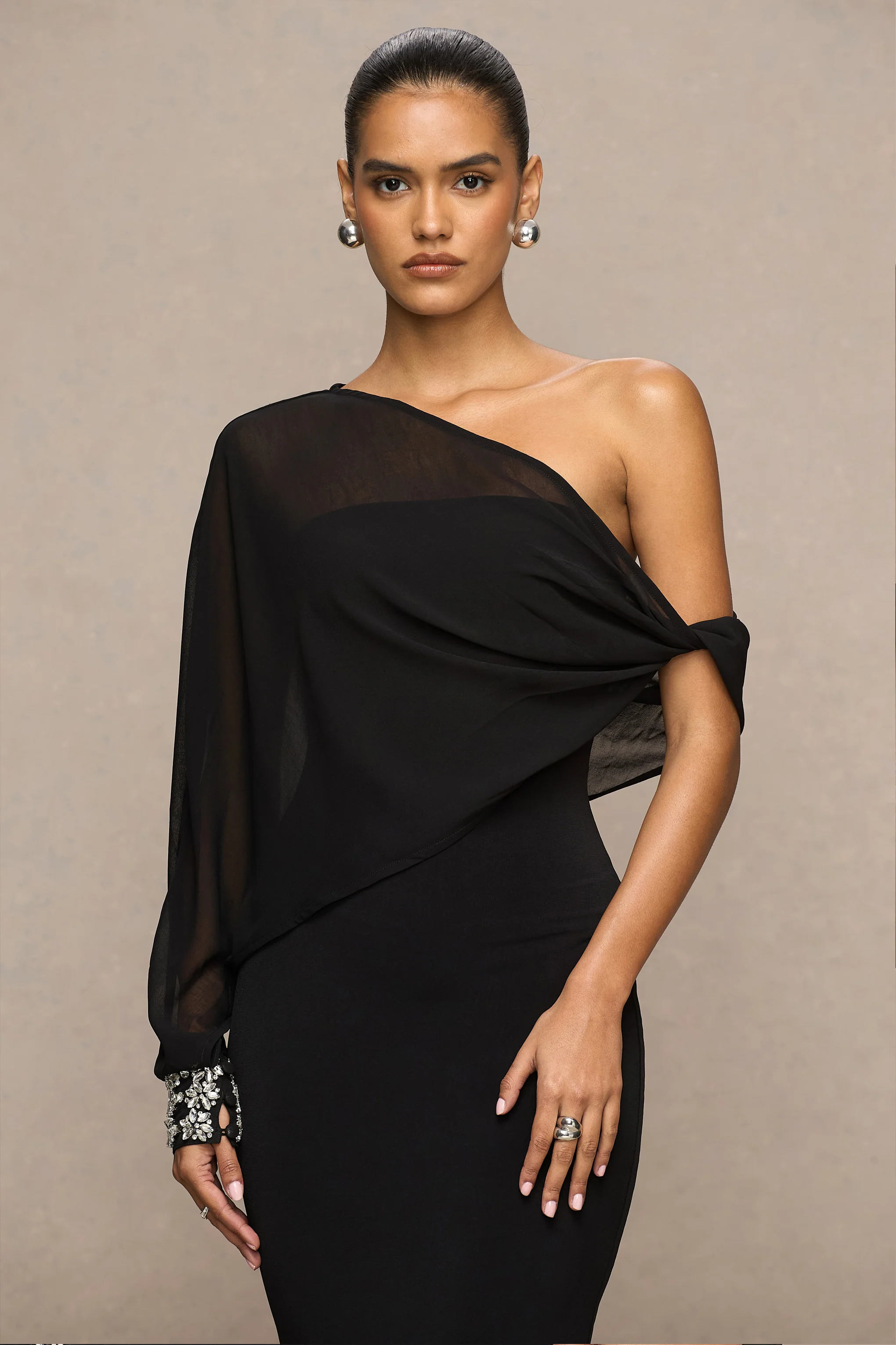 Milania | Black Asymmetric-Neck Maxi Dress With Twist-Sleeve