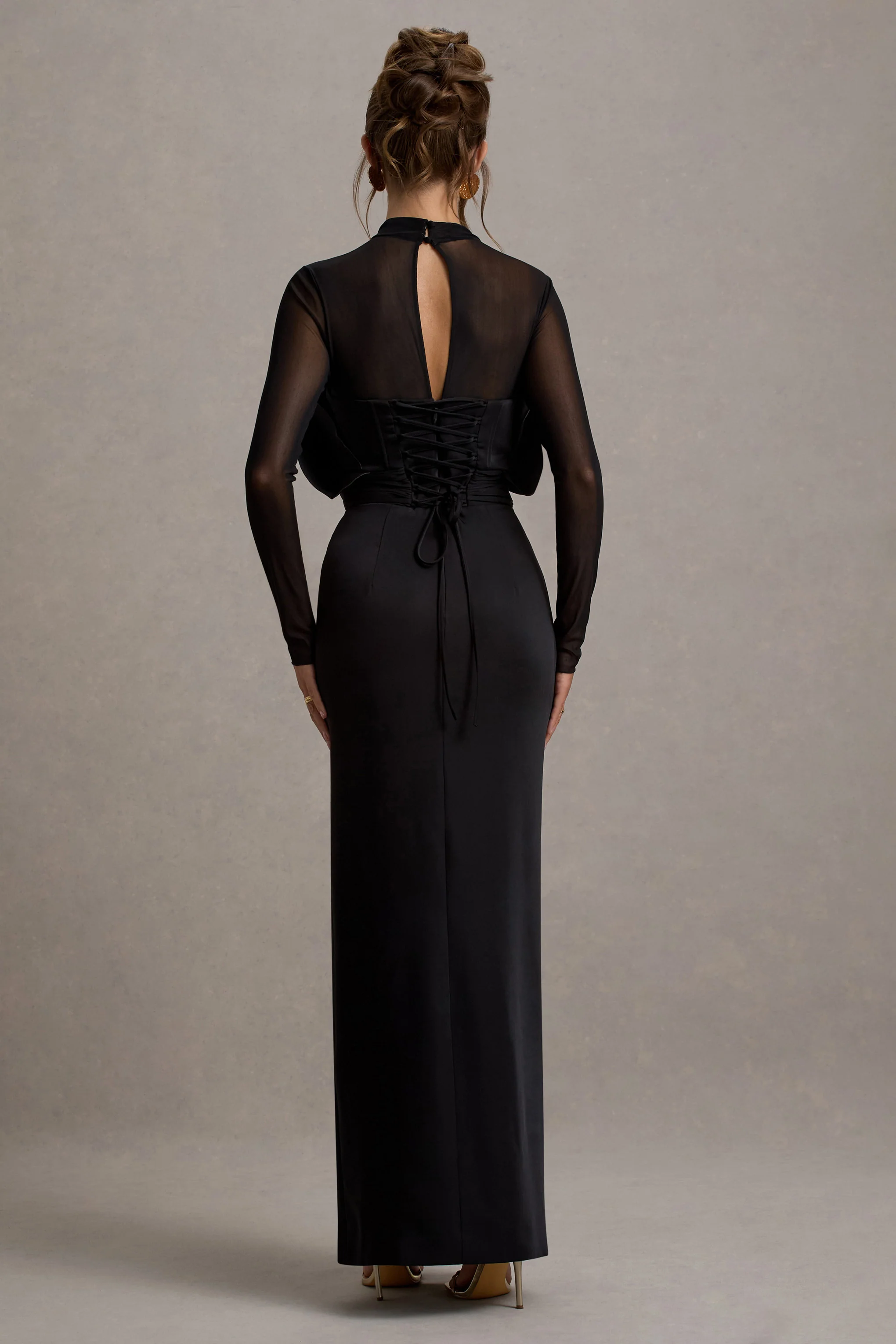 Alder | Black Mesh Long-Sleeve Ruffled Split Maxi Dress
