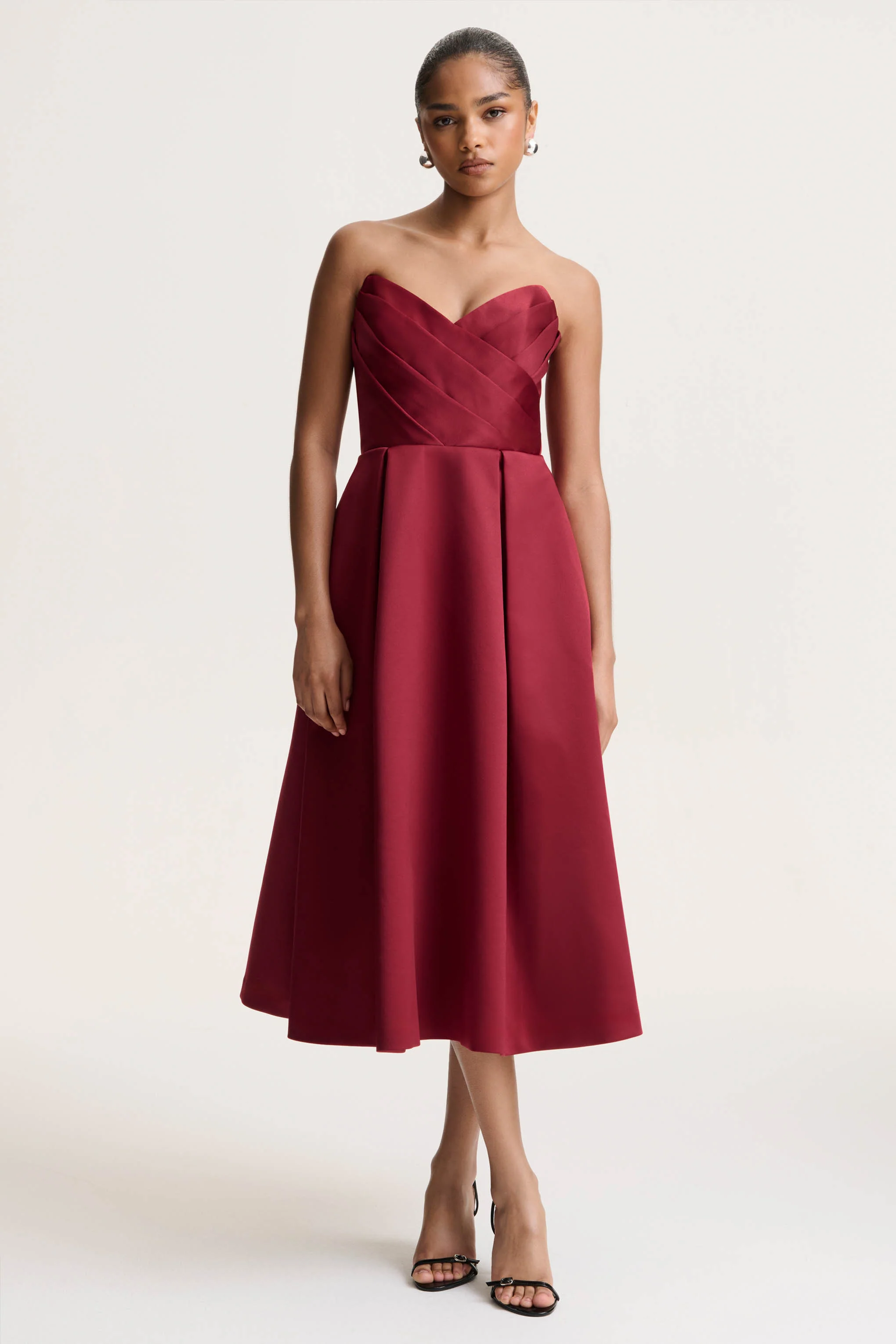 Promises | Red Satin Sweetheart-Neck Midi Dress