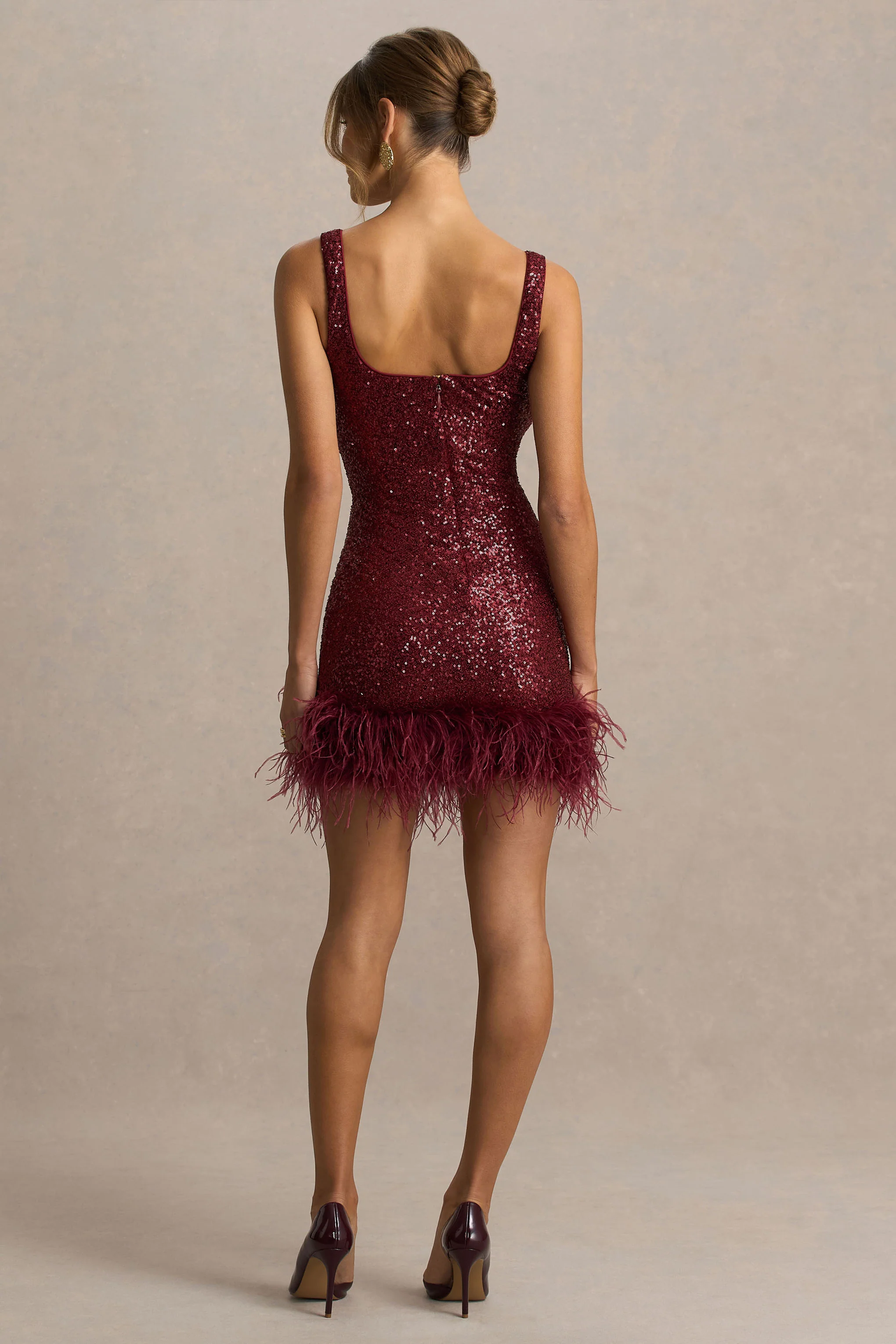 Rosalinda | Burgundy Sequin Square-Neck Mini Dress With Feather Trim