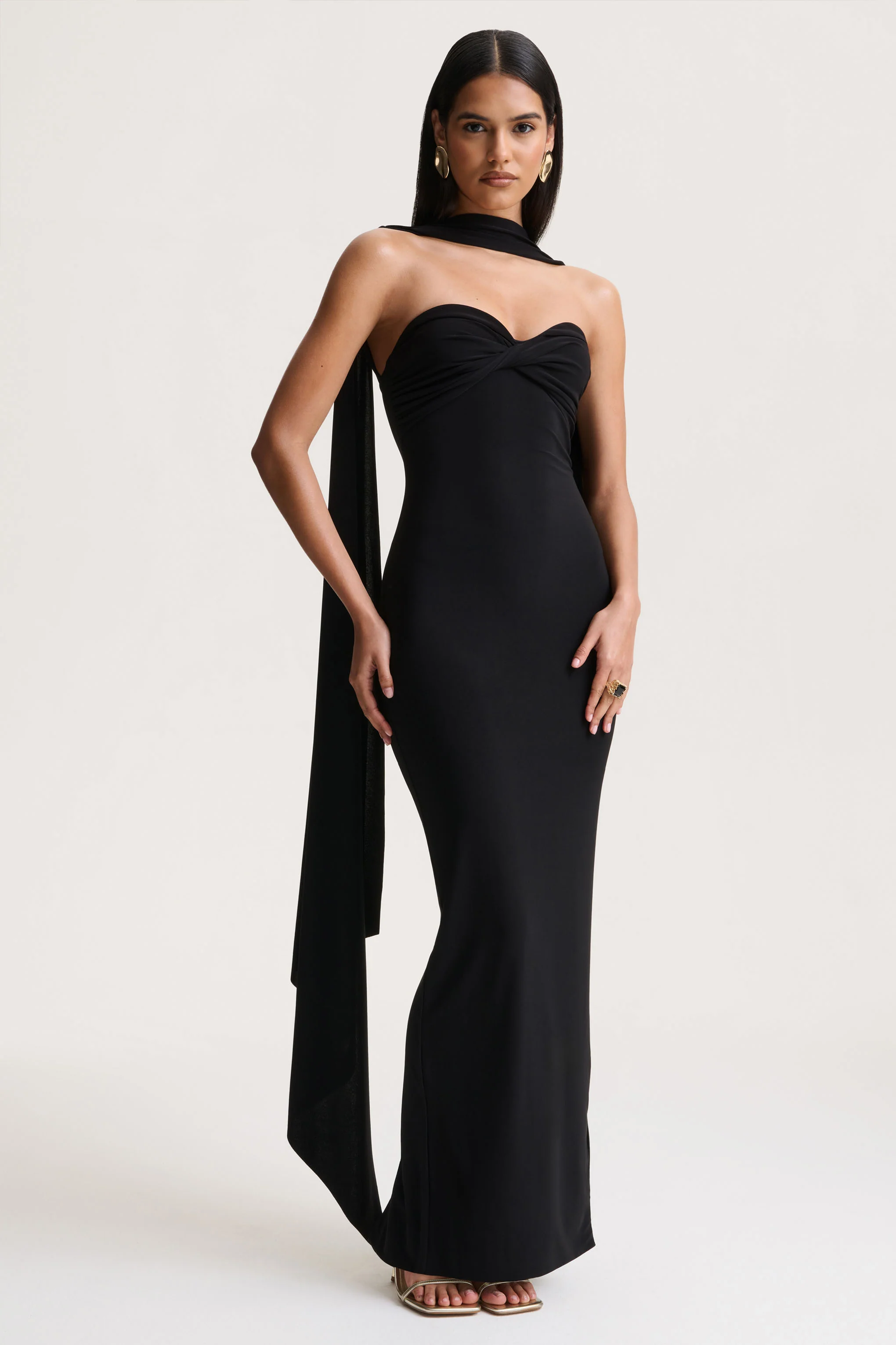 Sheila | Black Bandeau Maxi Dress With Scarf Detail