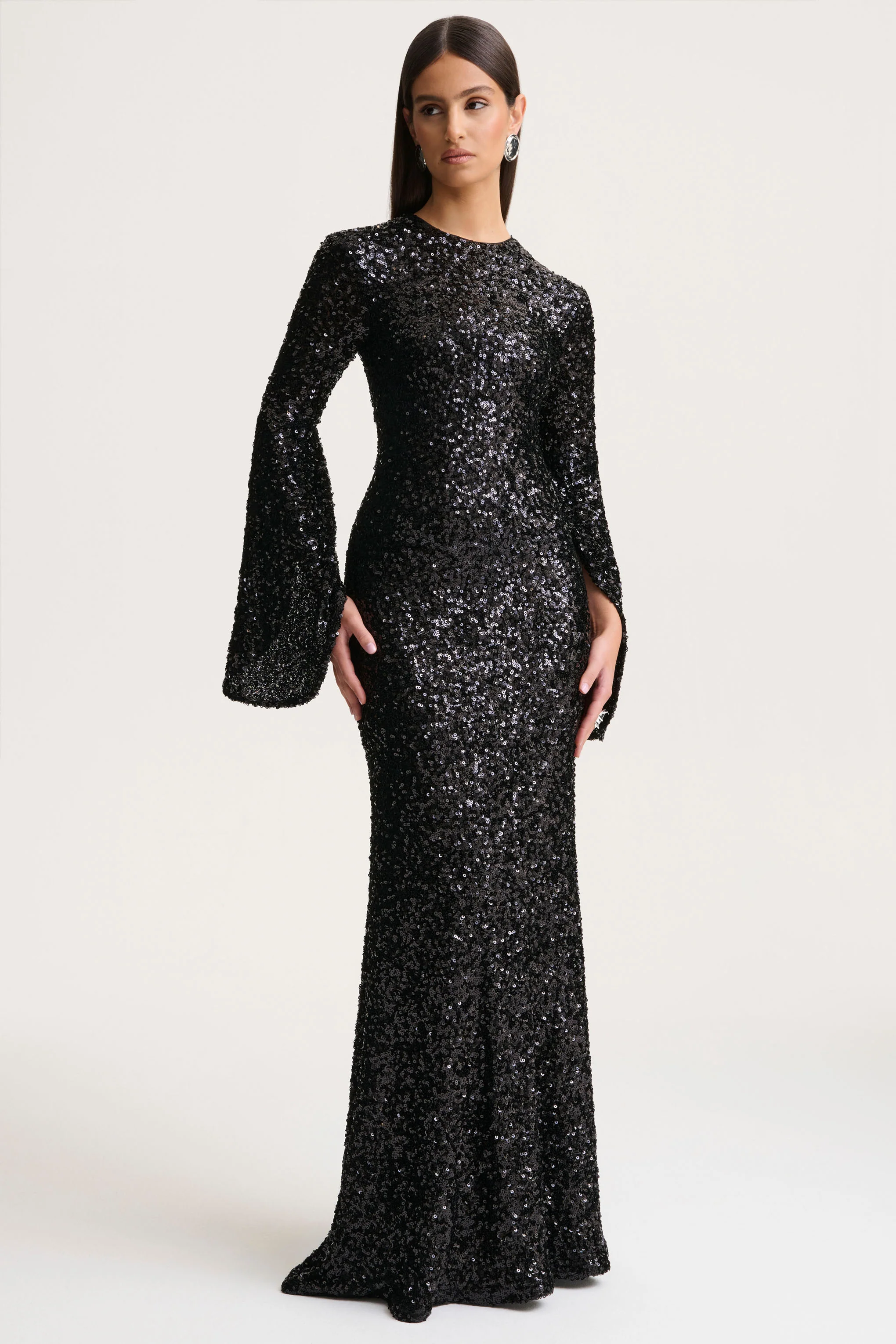 Romea | Black Sequin High-Neck Maxi Dress With Cape Sleeves