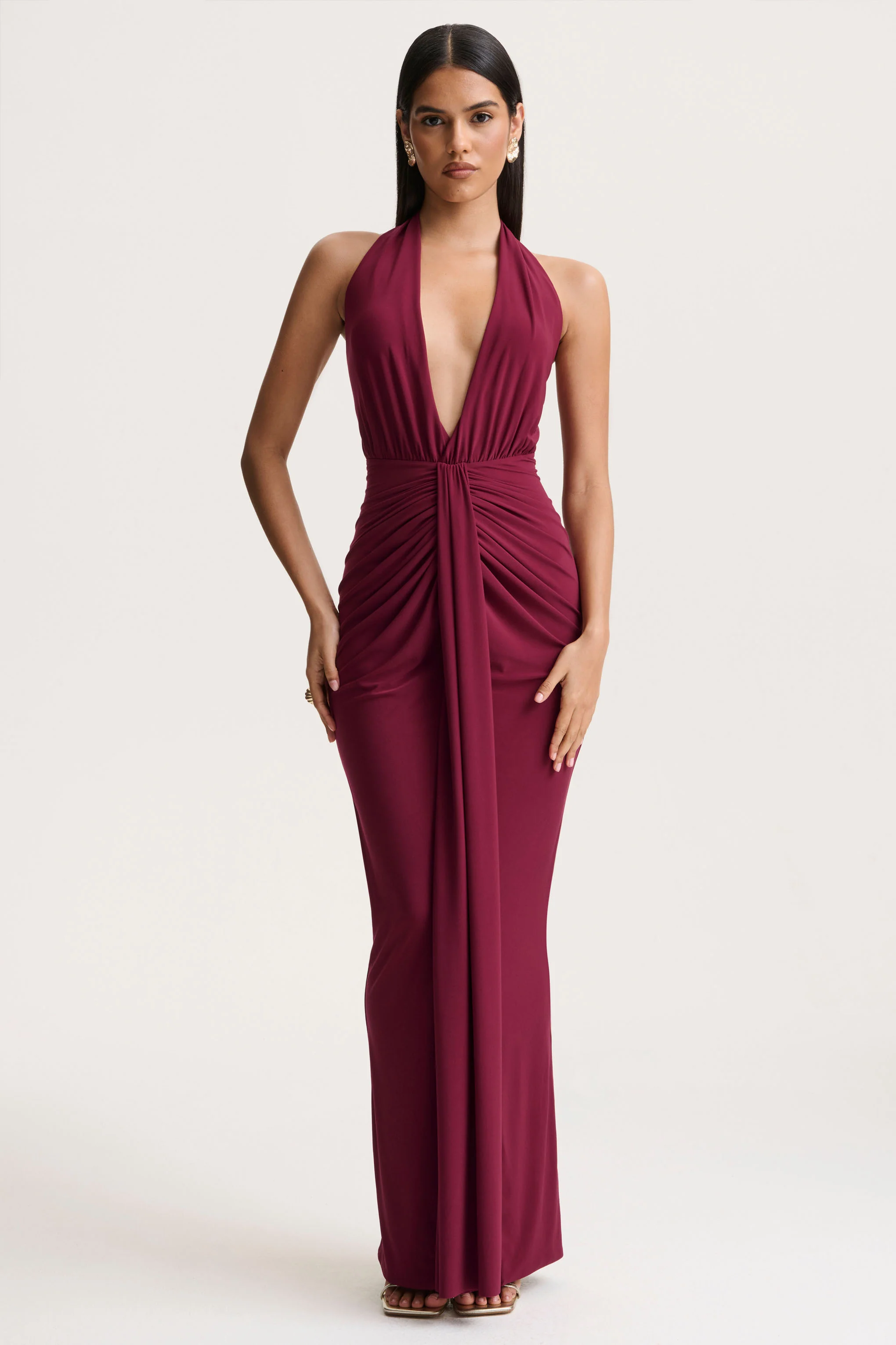 Lesley | Burgundy Plunge-Neck Maxi Dress