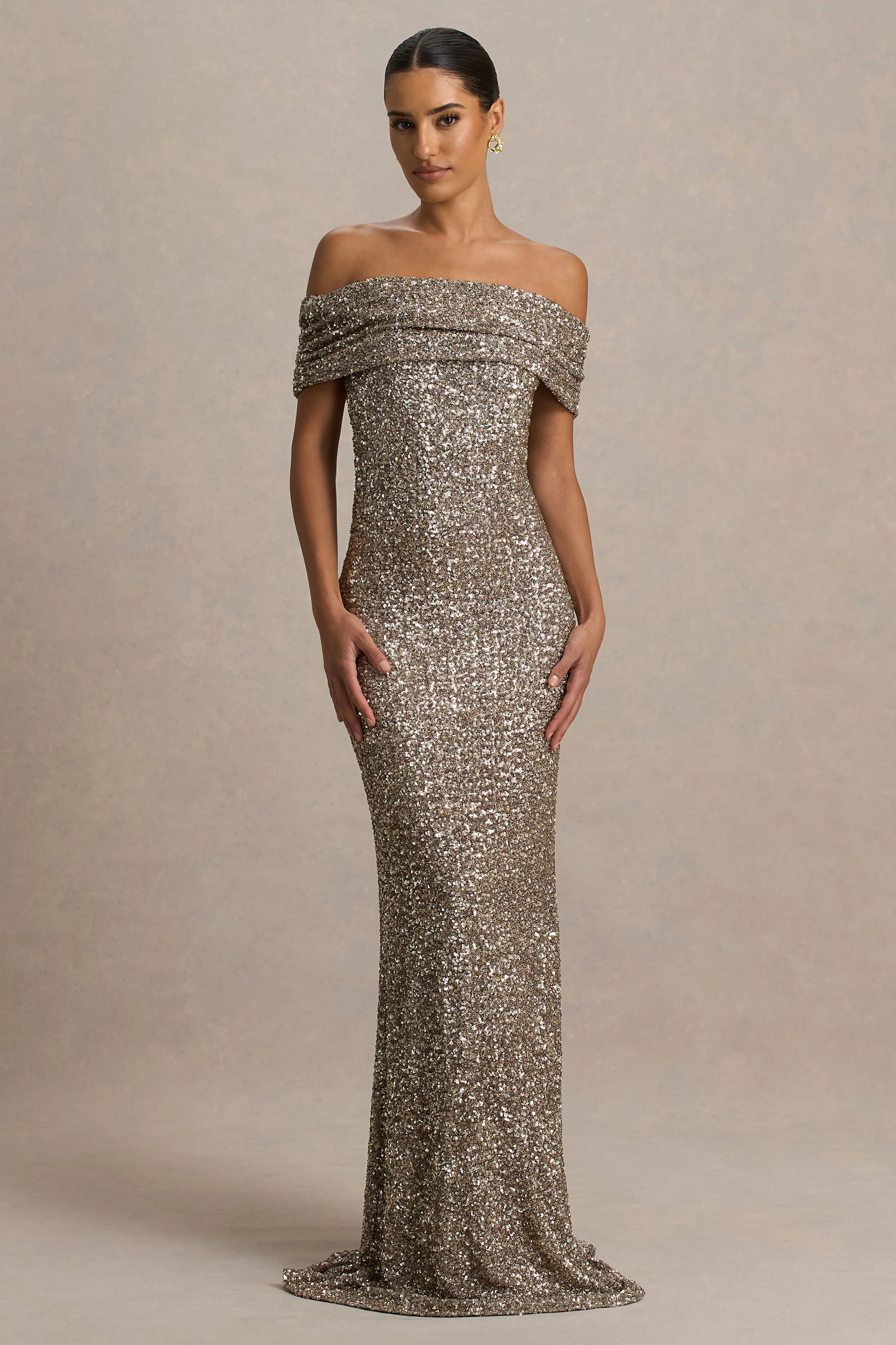Melina | Champagne Sequin Bardot-Neck Maxi Dress