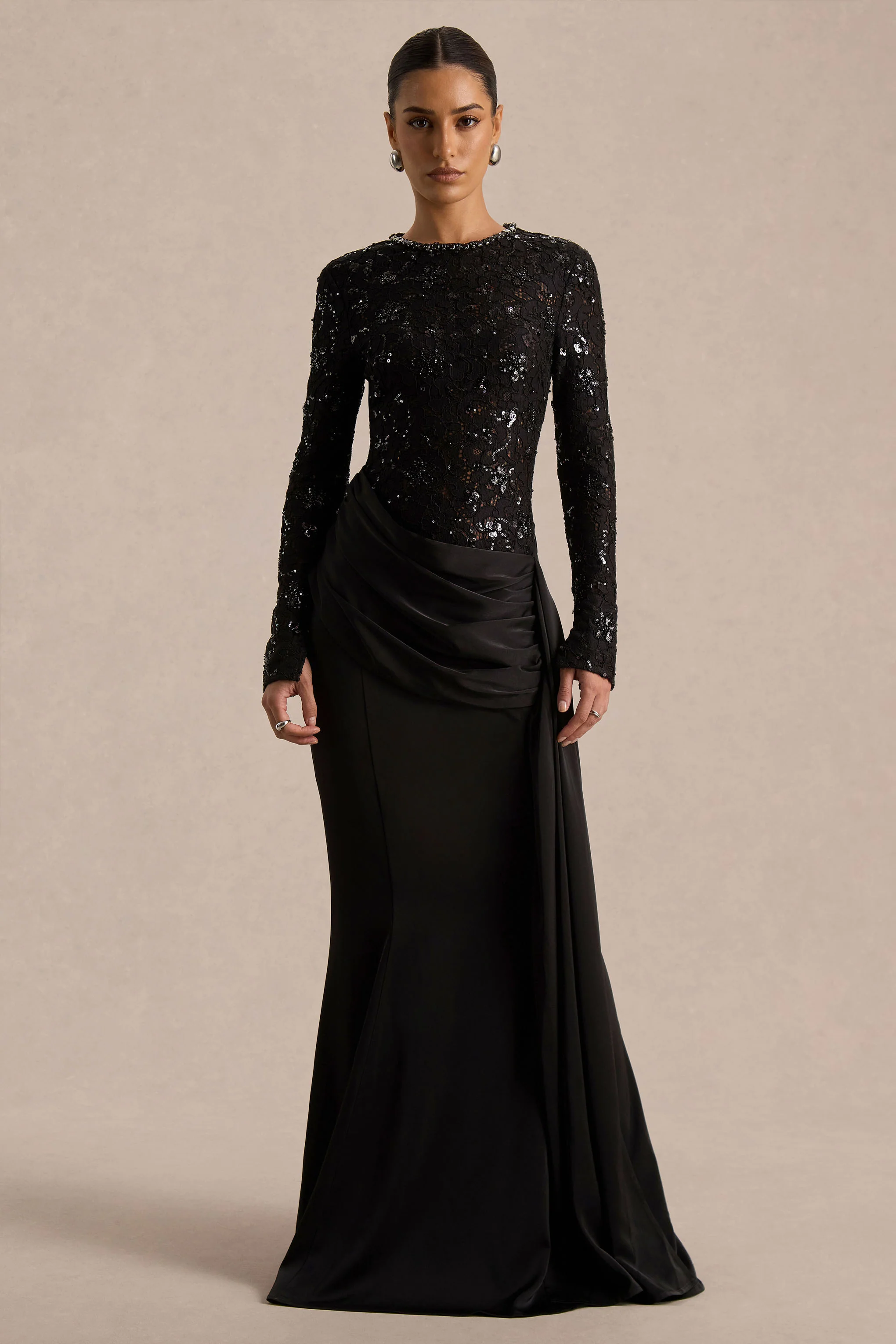 Beau | Black Lace High-Neck Maxi Dress With Draped Detail
