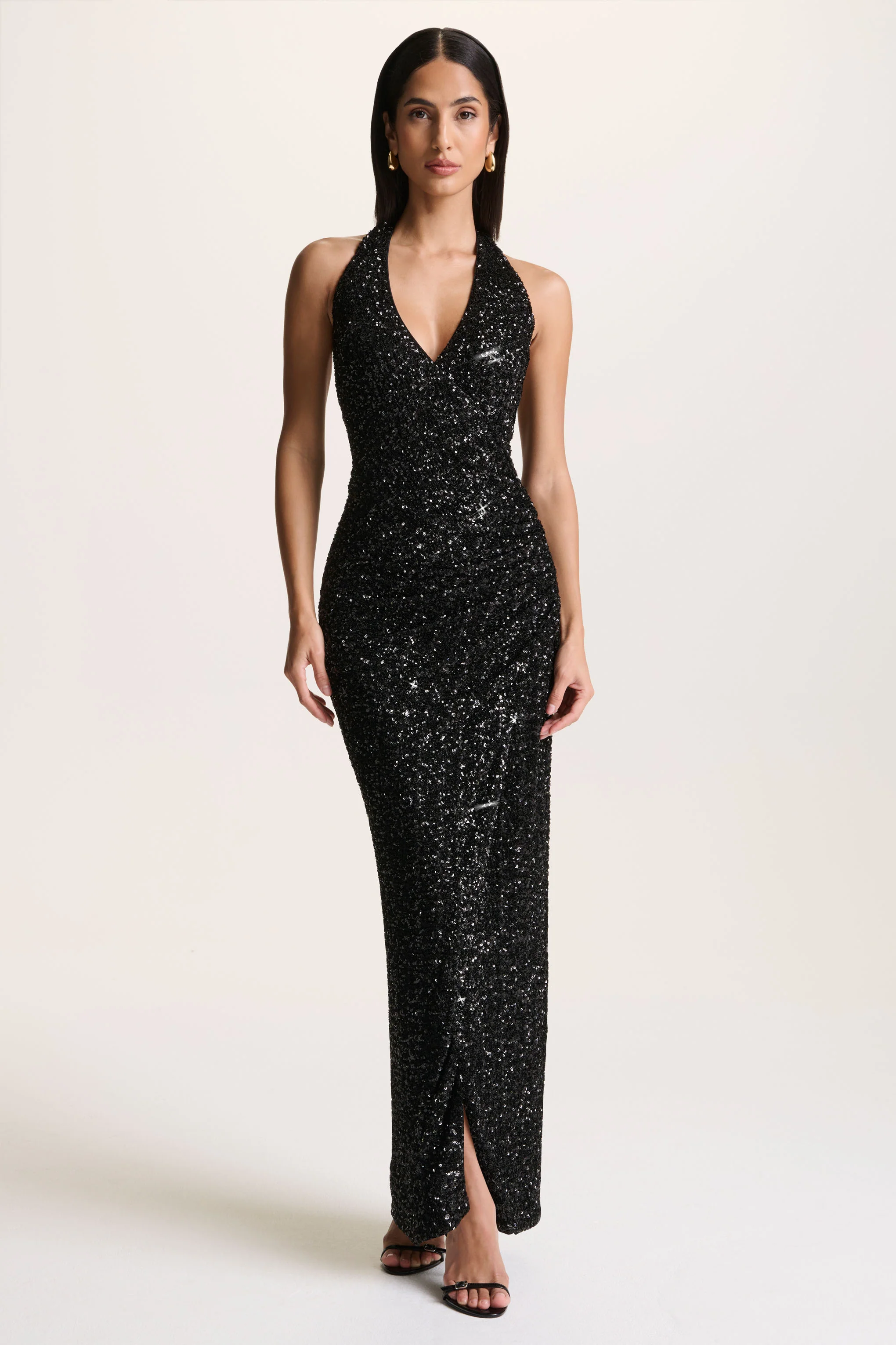 Gio | Black Sequin Plunge-Neck Wrap Maxi Dress With Ruched Detailing