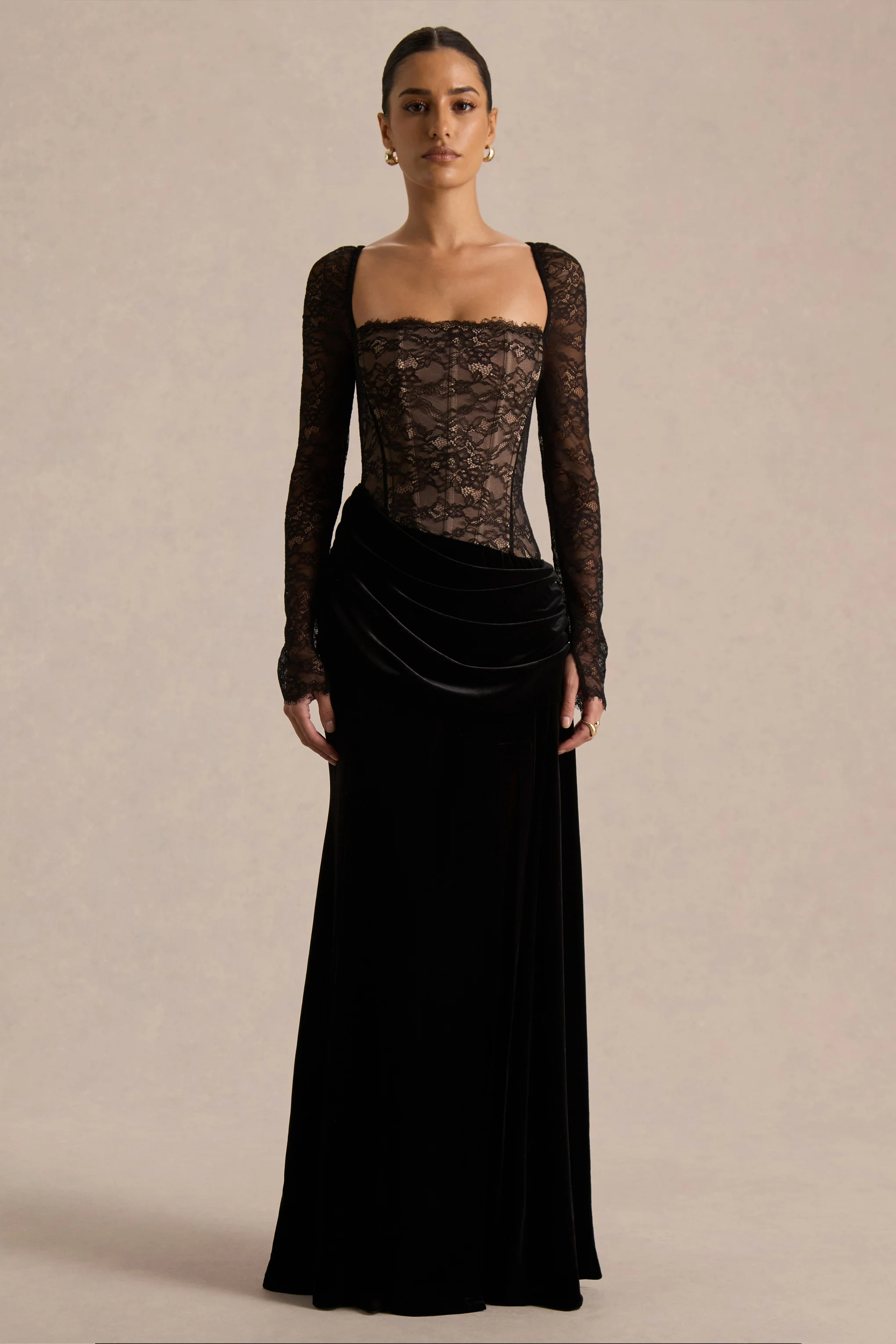 Finesse | Black Lace And Velvet Square-Neck Maxi Dress With Draped Skirt