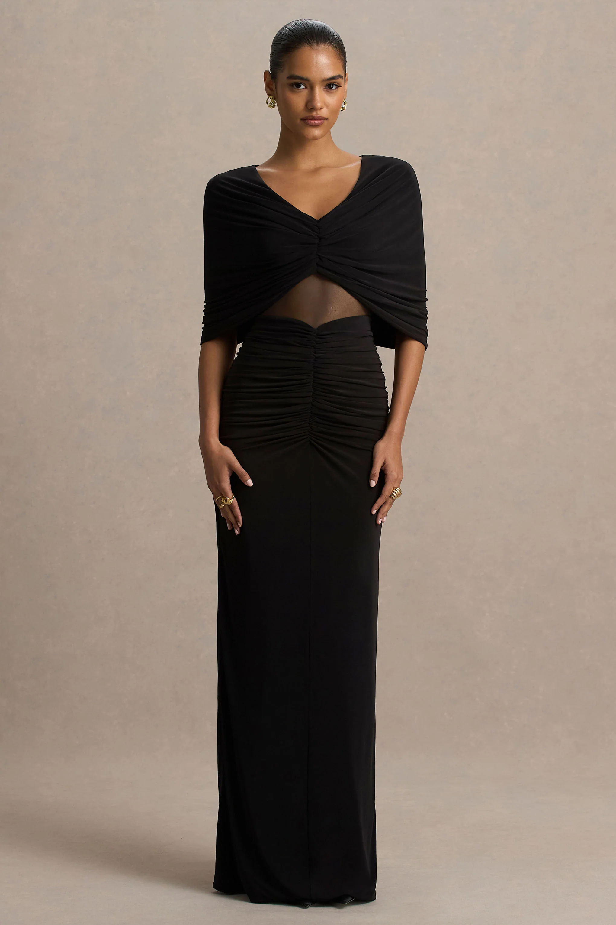 Zinnie | Black Cape-Sleeve Maxi Dress With Mesh Panel