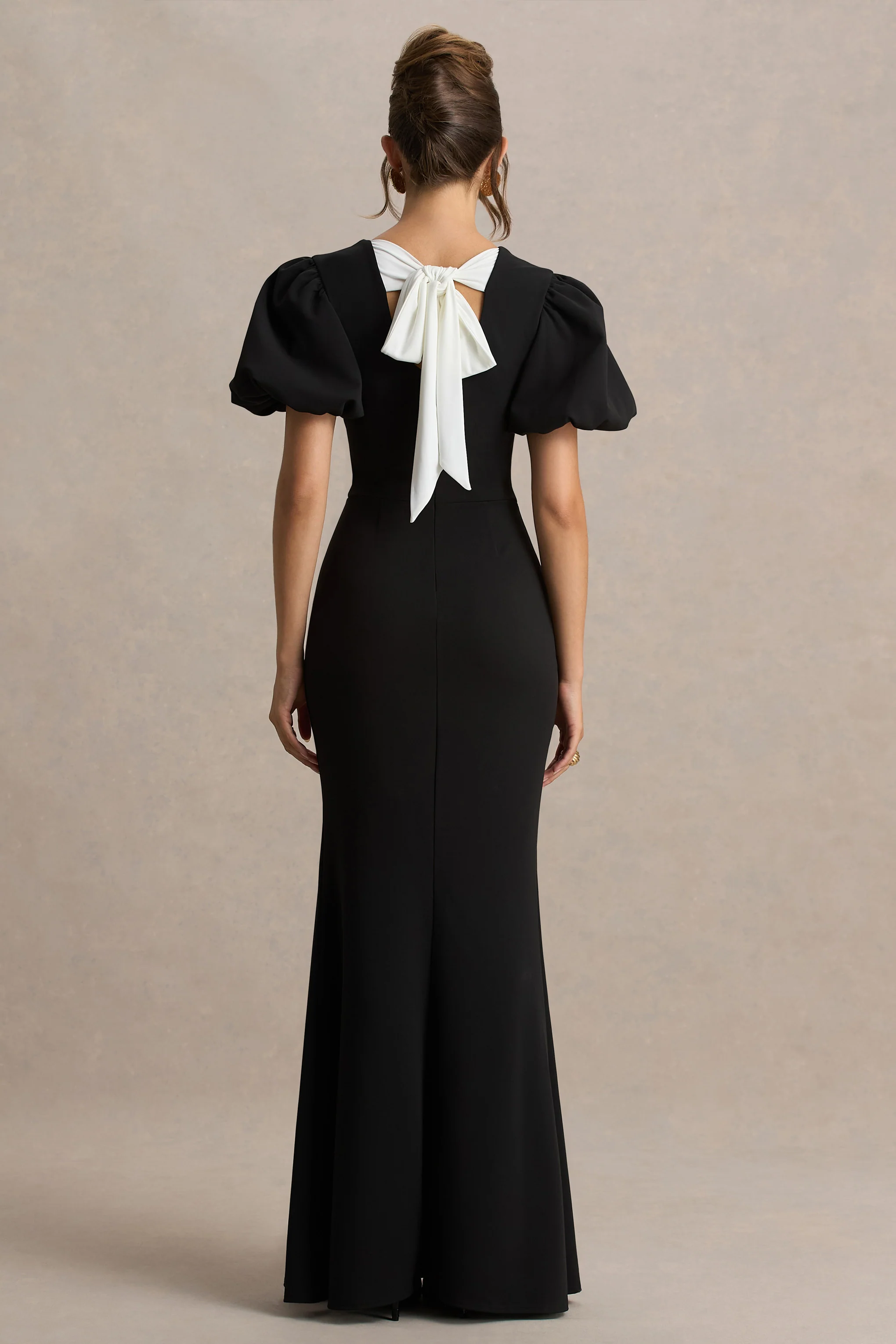 Carolina | Black Puff-Sleeve Maxi Dress With White Bow Detail