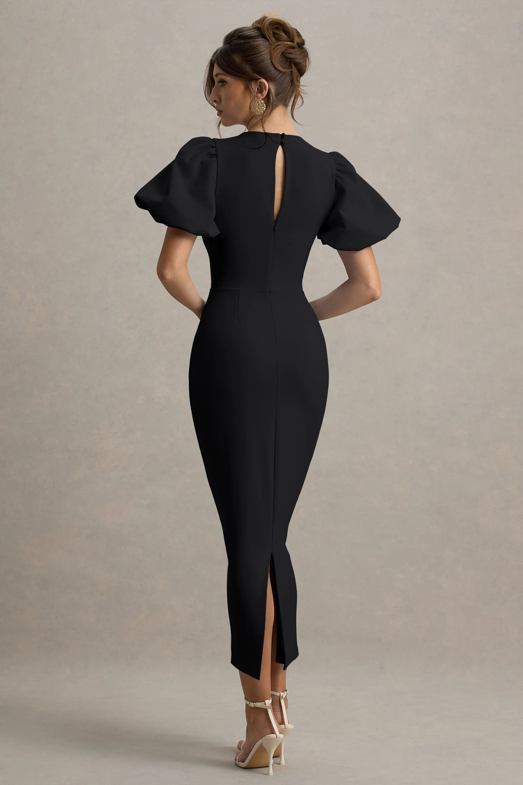 Dakota | Black Puff-Sleeve Midi Dress