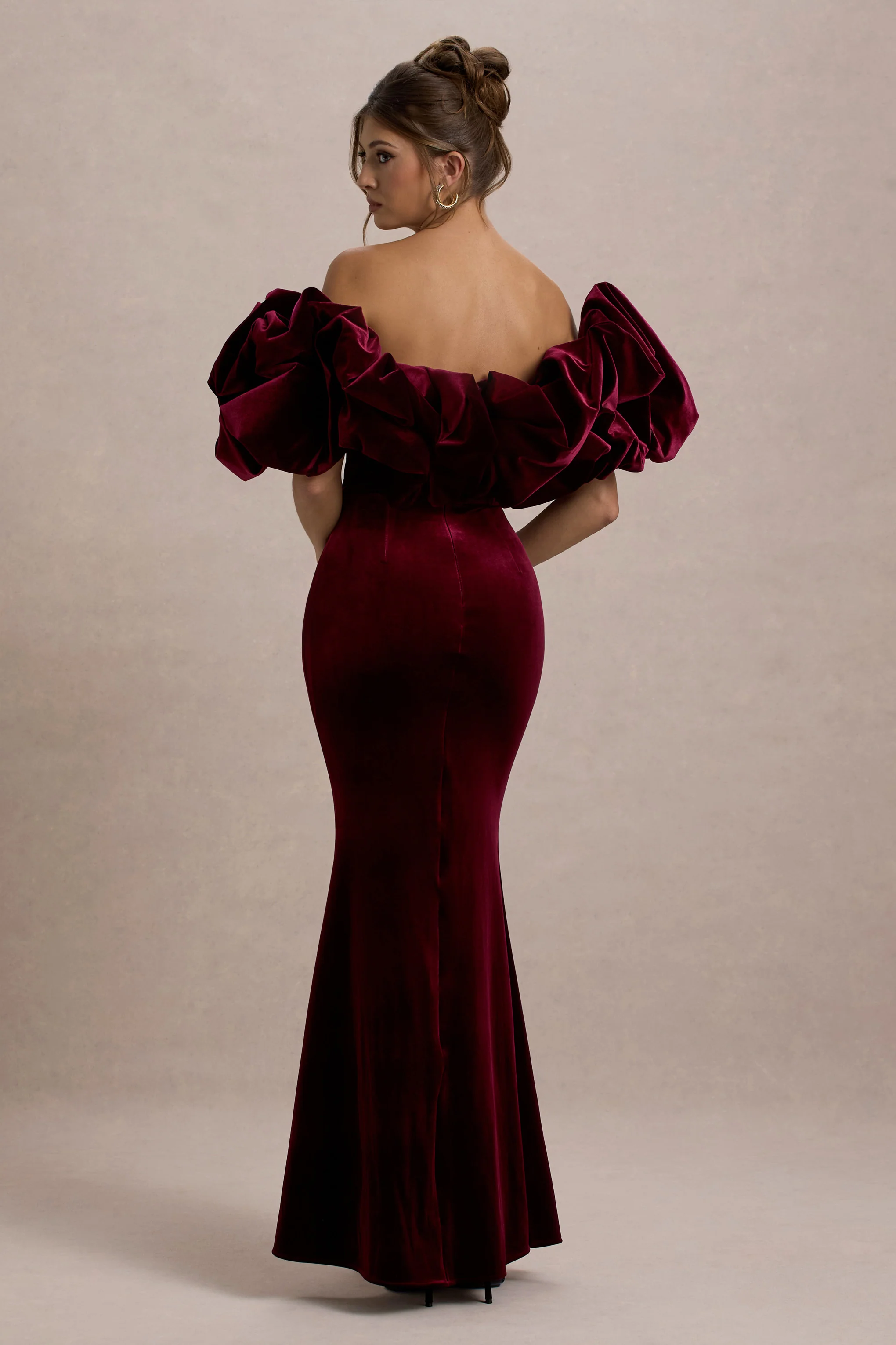 Cecily | Port Velvet Bardot Maxi Dress With Velvet Ruffle Trim