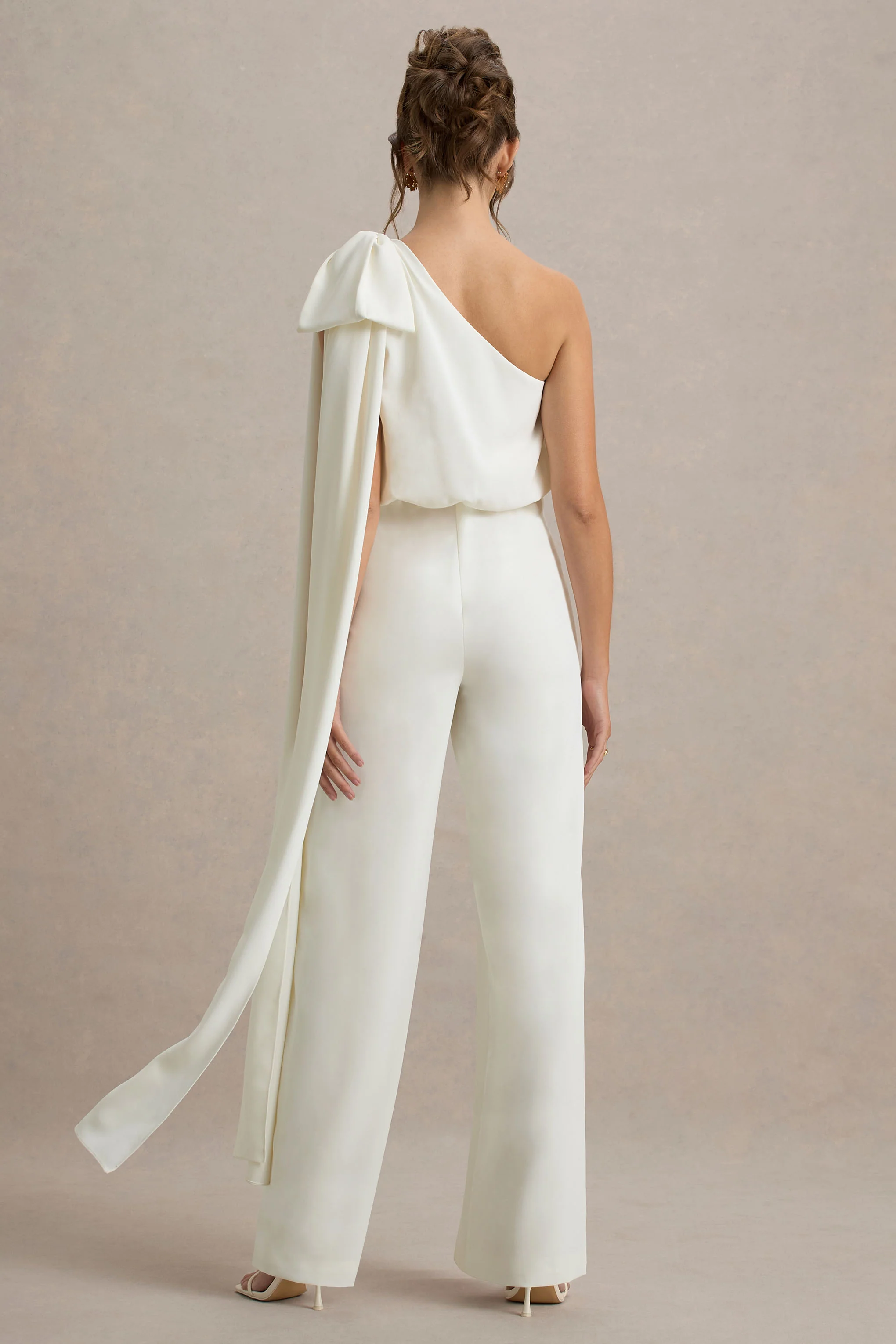 Alice | Cream Asymmetric Bow Shoulder Jumpsuit With Drape