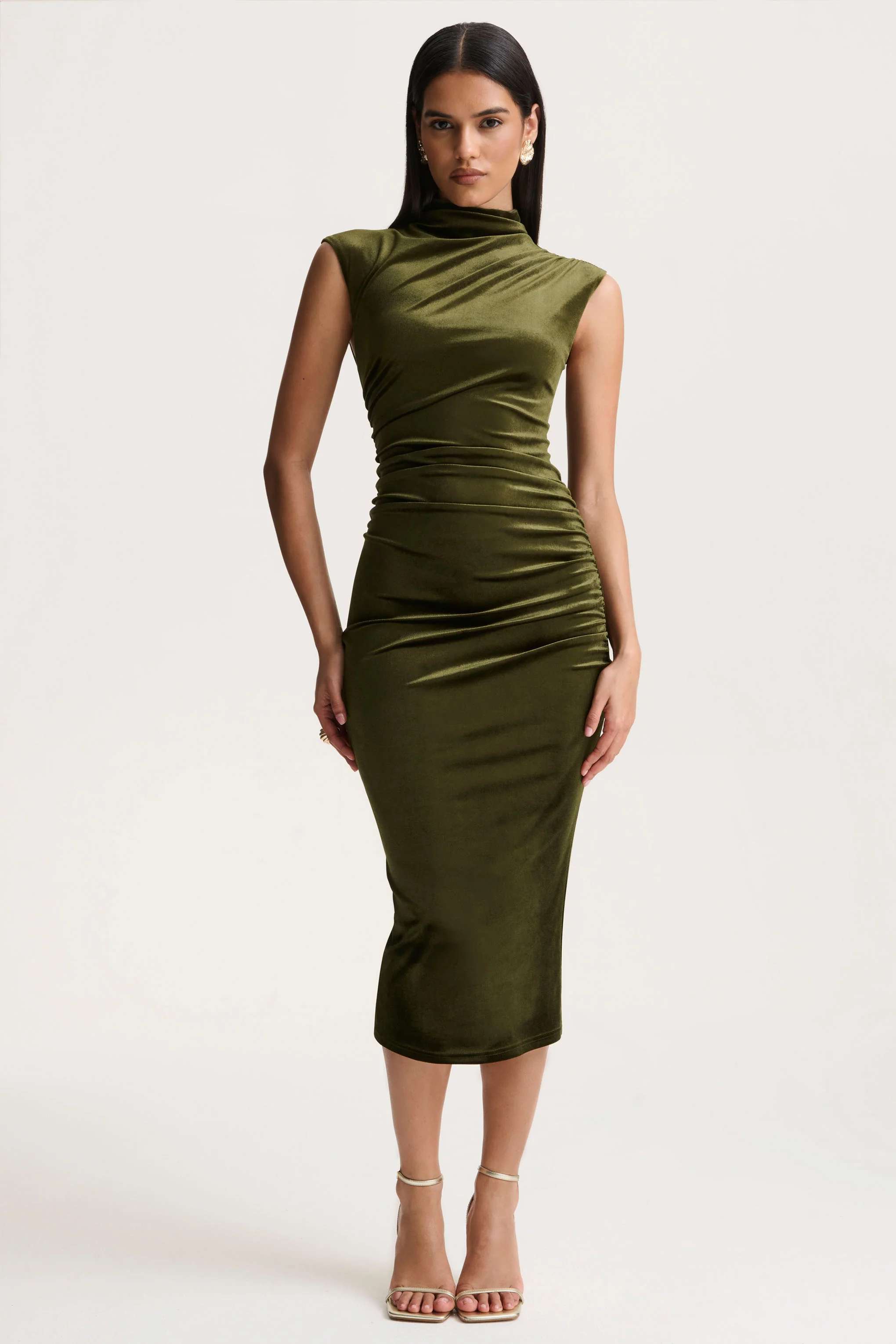 Novine | Olive Velvet High-Neck Midi Dress