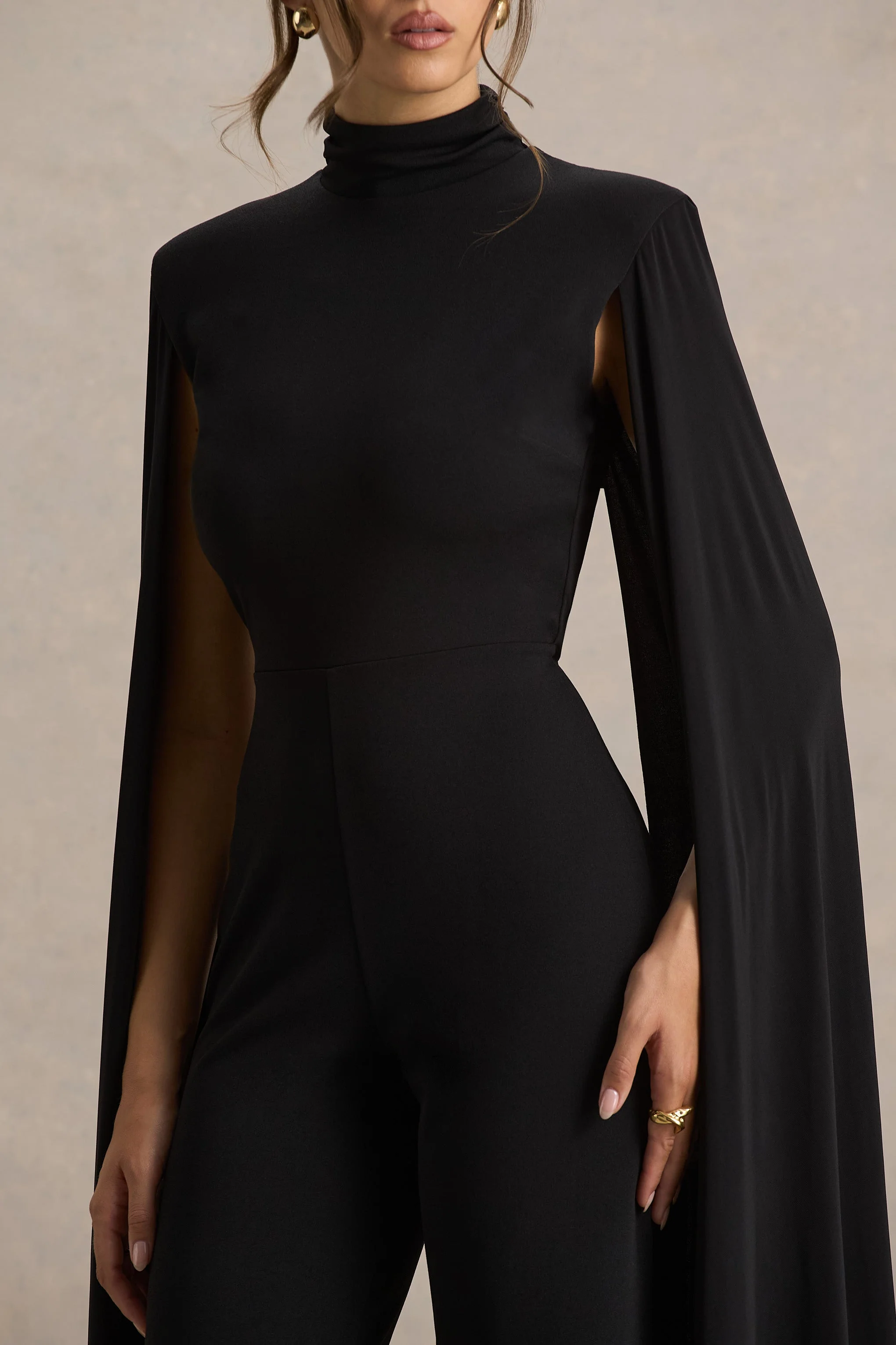 Dulcet | Black High-Neck Jumpsuit With Cape Sleeves