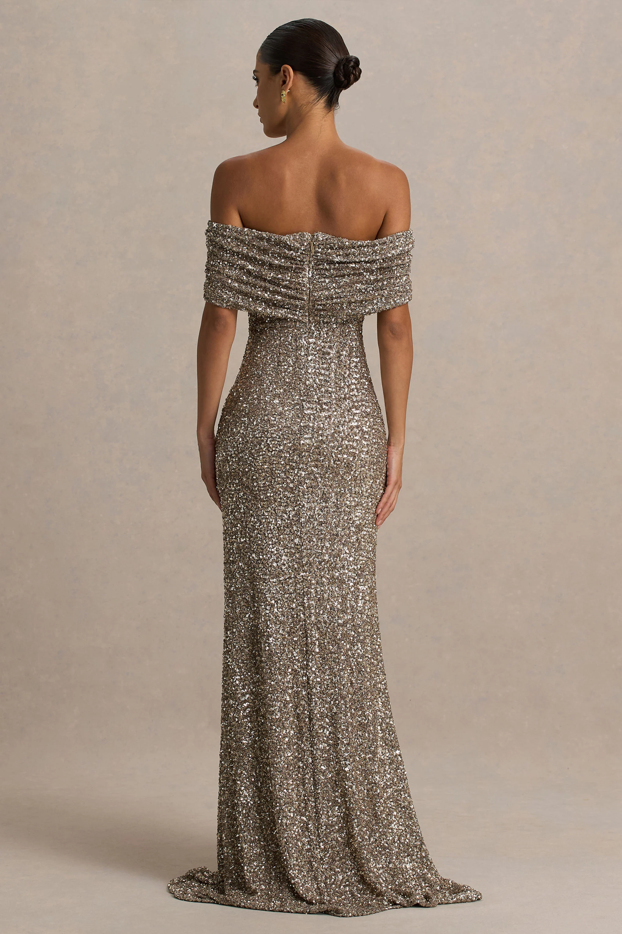 Melina | Champagne Sequin Bardot-Neck Maxi Dress