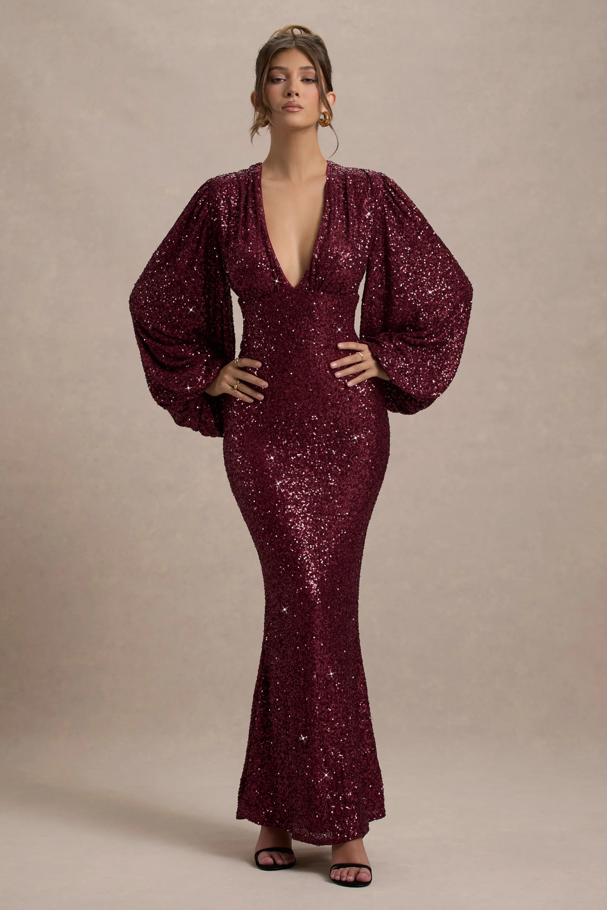 Kaelin | Berry Sequin Plunge-Neck Maxi Dress