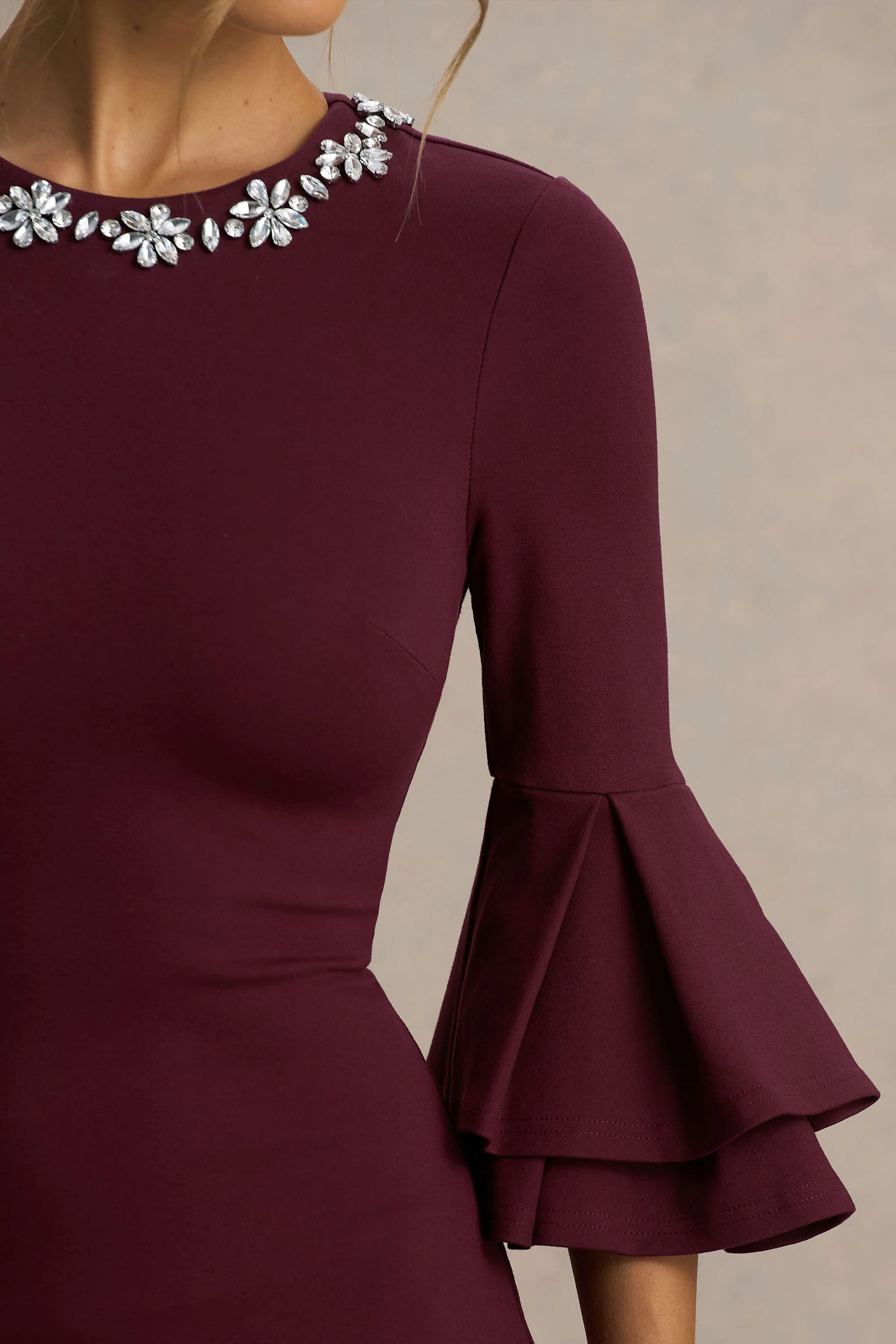 Mirna | Burgundy Crew-Neck Mini Dress With Bell Sleeves And Ruffled Detailing
