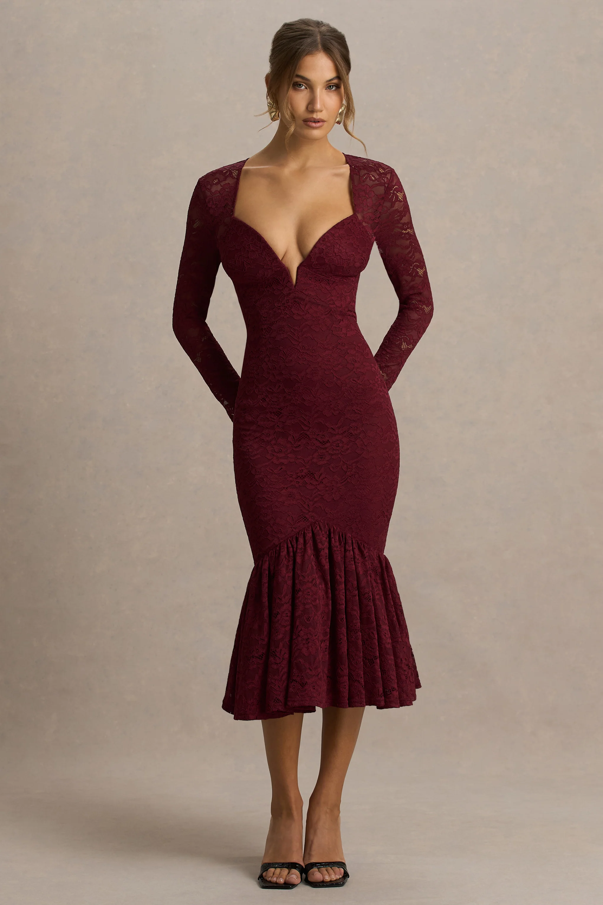 Camilly | Burgundy Lace Plunge-Neck Mermaid Midi Dress