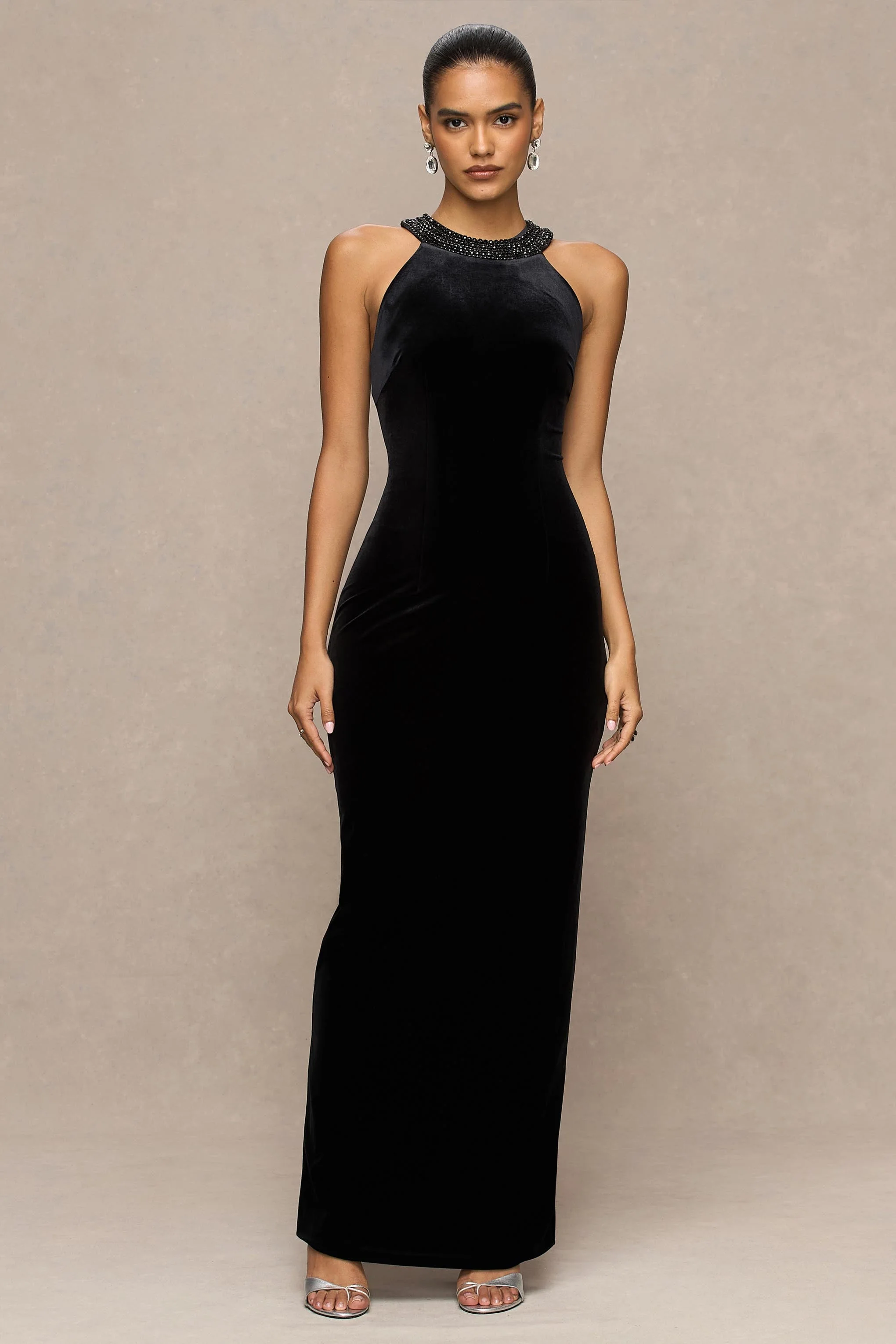 Darya | Black Velvet Embellished High-Neck Maxi Dress