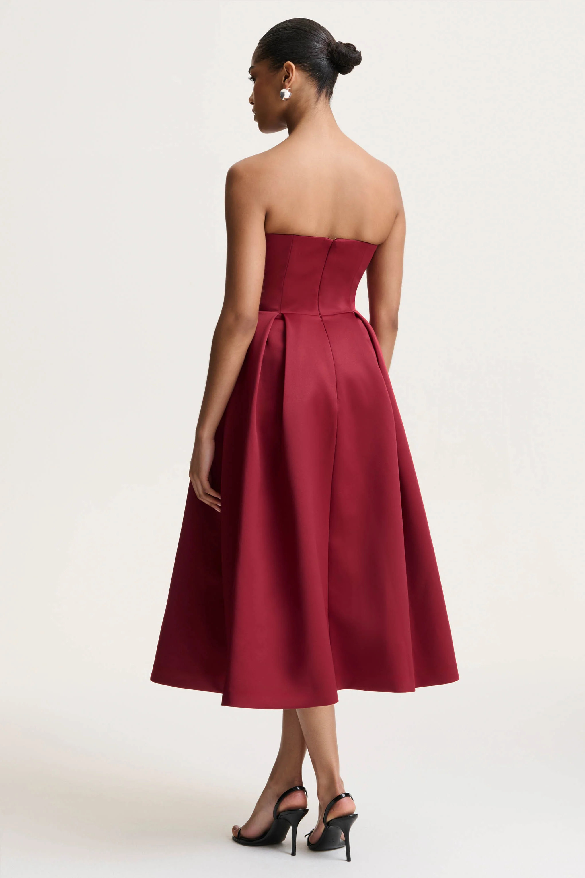 Promises | Red Satin Sweetheart-Neck Midi Dress