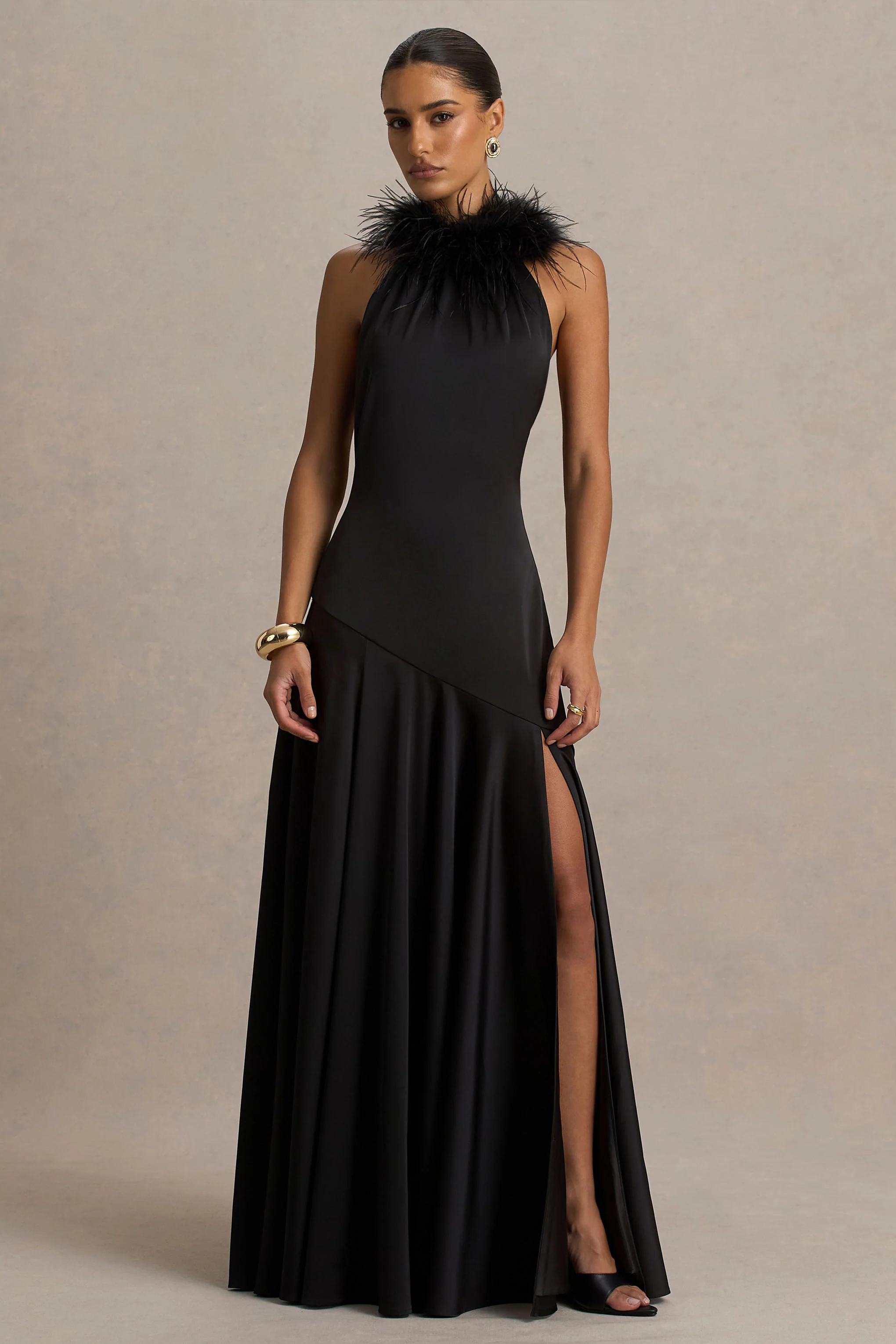 Jemima | Black Satin Halter-Neck Maxi Dress With Feather Trim